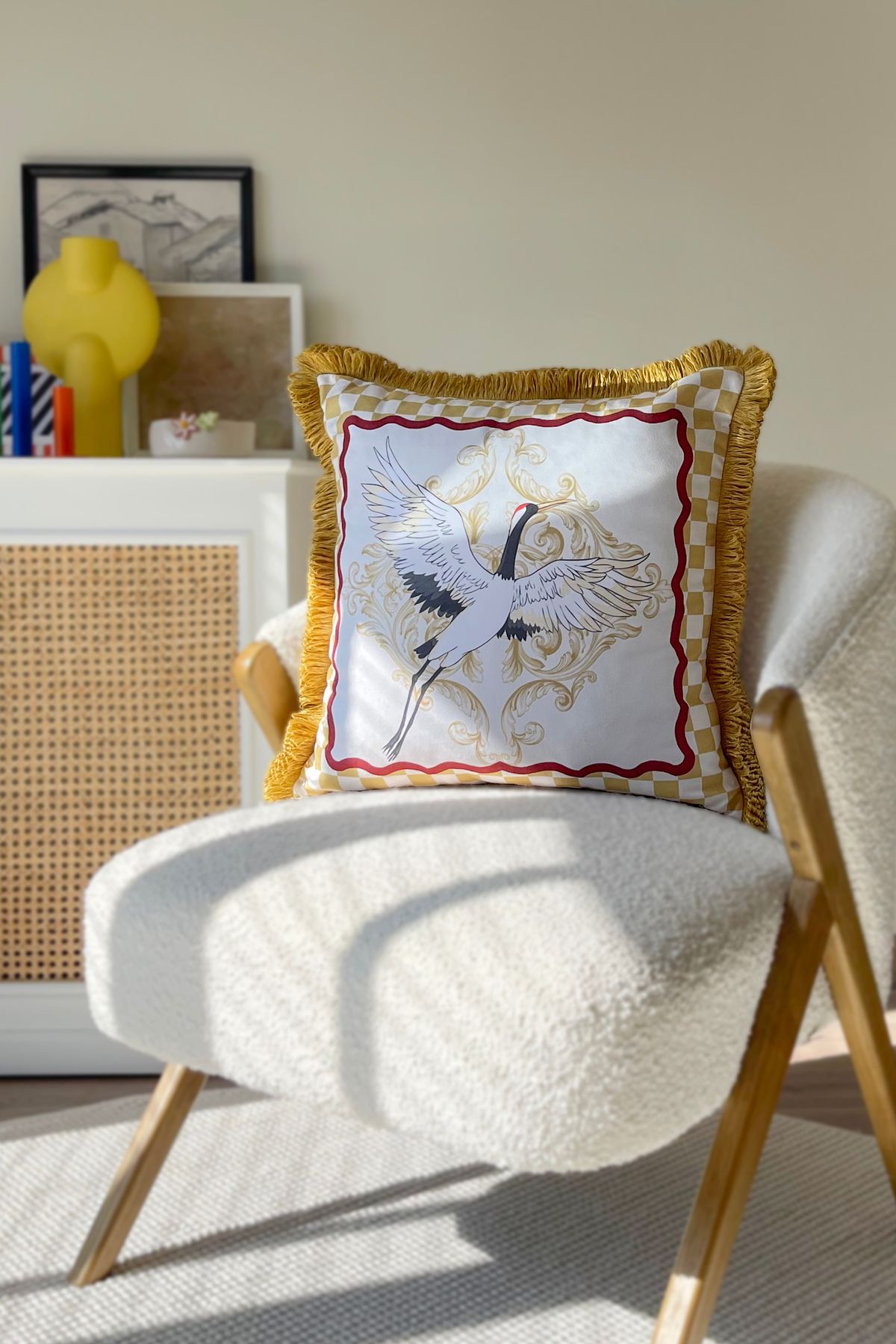 RİTMOHOME Anka Kuşu Desenli Püsküllü Vintage, Country, Iskandinav, Bohem 50x50 Dekoratif Yastık(İÇİ DOLGULU)