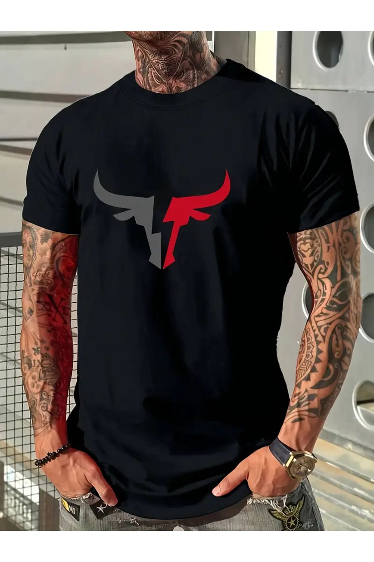İnazuma Outdoors İnazuma Unisex Oversize Baskılı Pamuklu Bisiklet Yaka Kısa Kollu SİYAH T-shirt