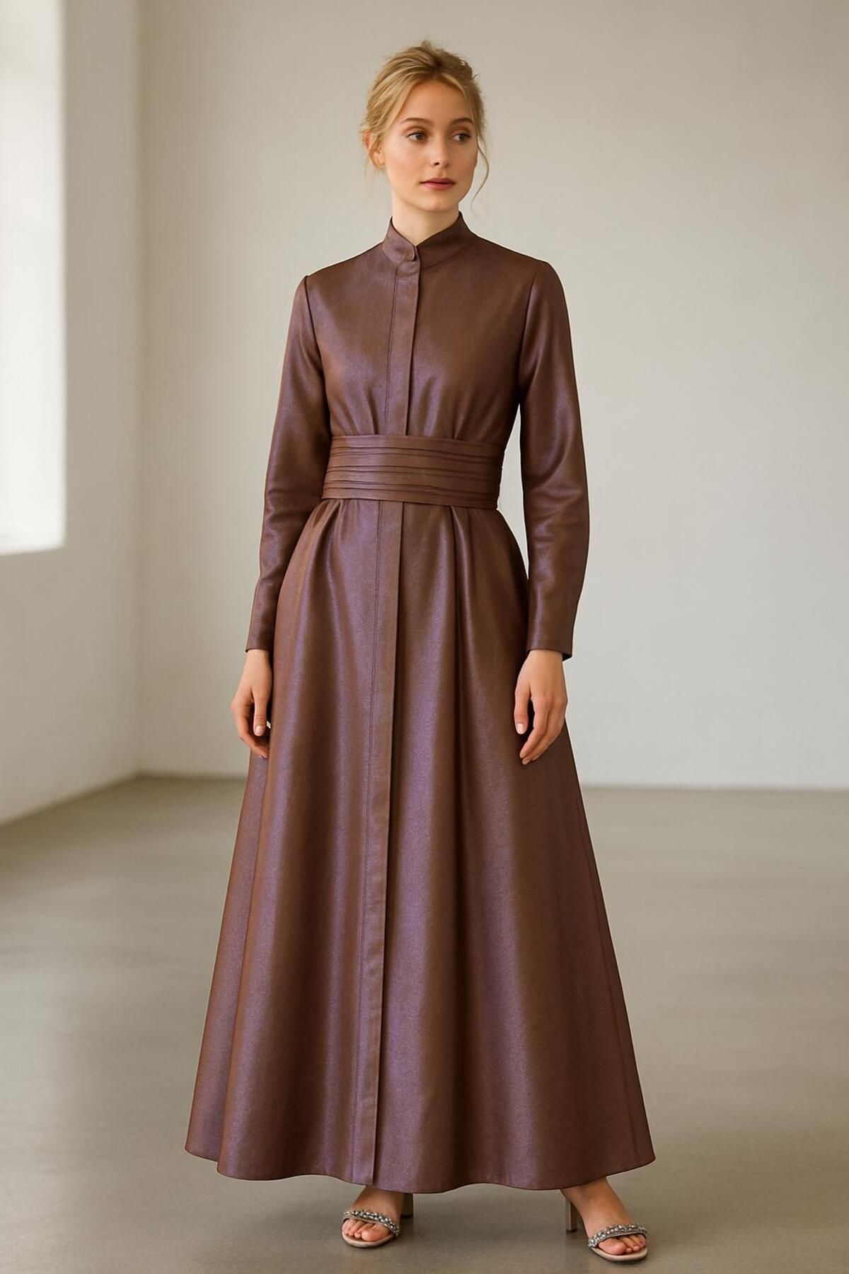 ROSELEAF DESIGN Lila/Kahve Yansımalı İpek Tafta Maxi Şık Elbise
