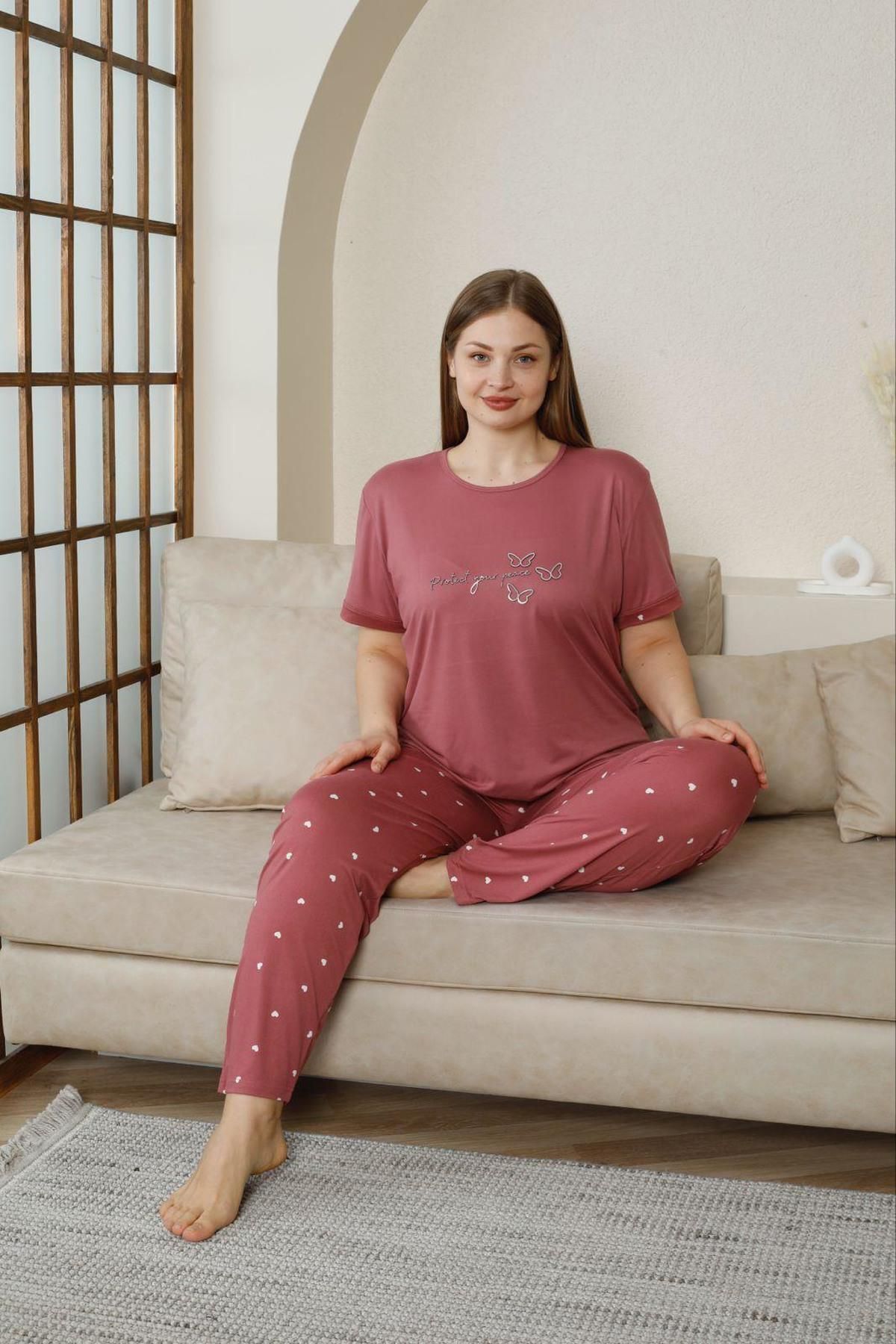 Pijamoni Kadın Milan Büyük Beden Bisiklet Yaka Kısa Kol İnce Pijama Takımı 7665/12- 1 Adet