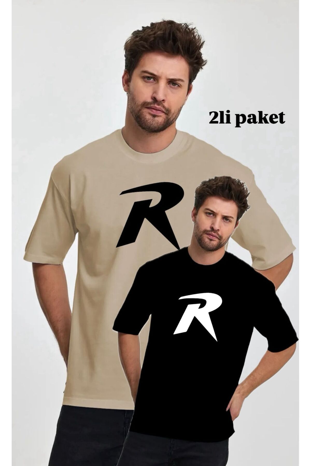 woonkey UNISEX OVERSİZE R BASKILI BİSİKLET YAKA RAHAT KALIP 2 ADET T-SHIRT AVANTAJLI PAKET
