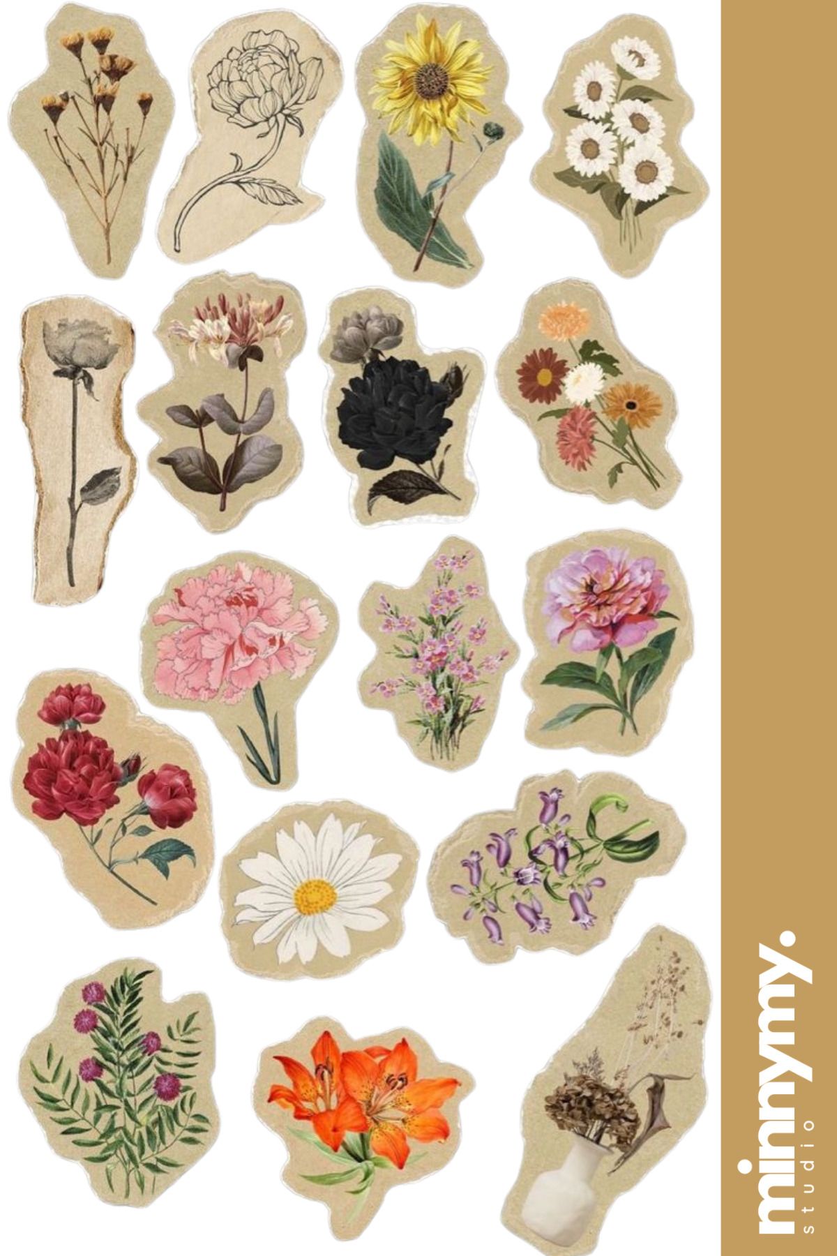 Minnymy Vintage Flower Collection Sticker, Çıkartma, Ajanda, Günlük, Planlayıcı, Bullet Journal , Scrapbook