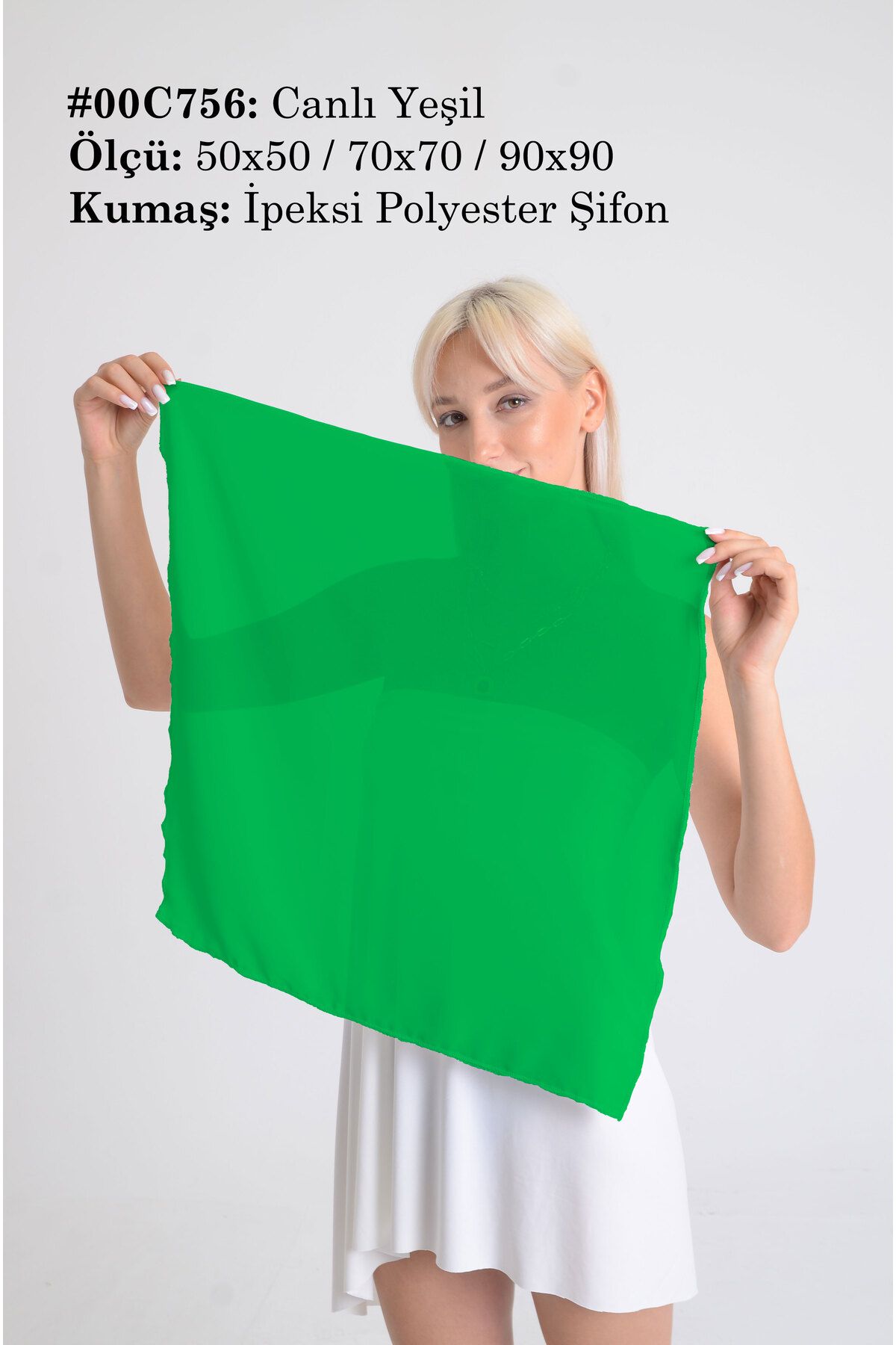 DESENİX Canlı Yeşil Renkli İpeksi Şifon Fular - Şal, Eşarp, Boyunluk - 50x50, 70x70, 90x90 cm