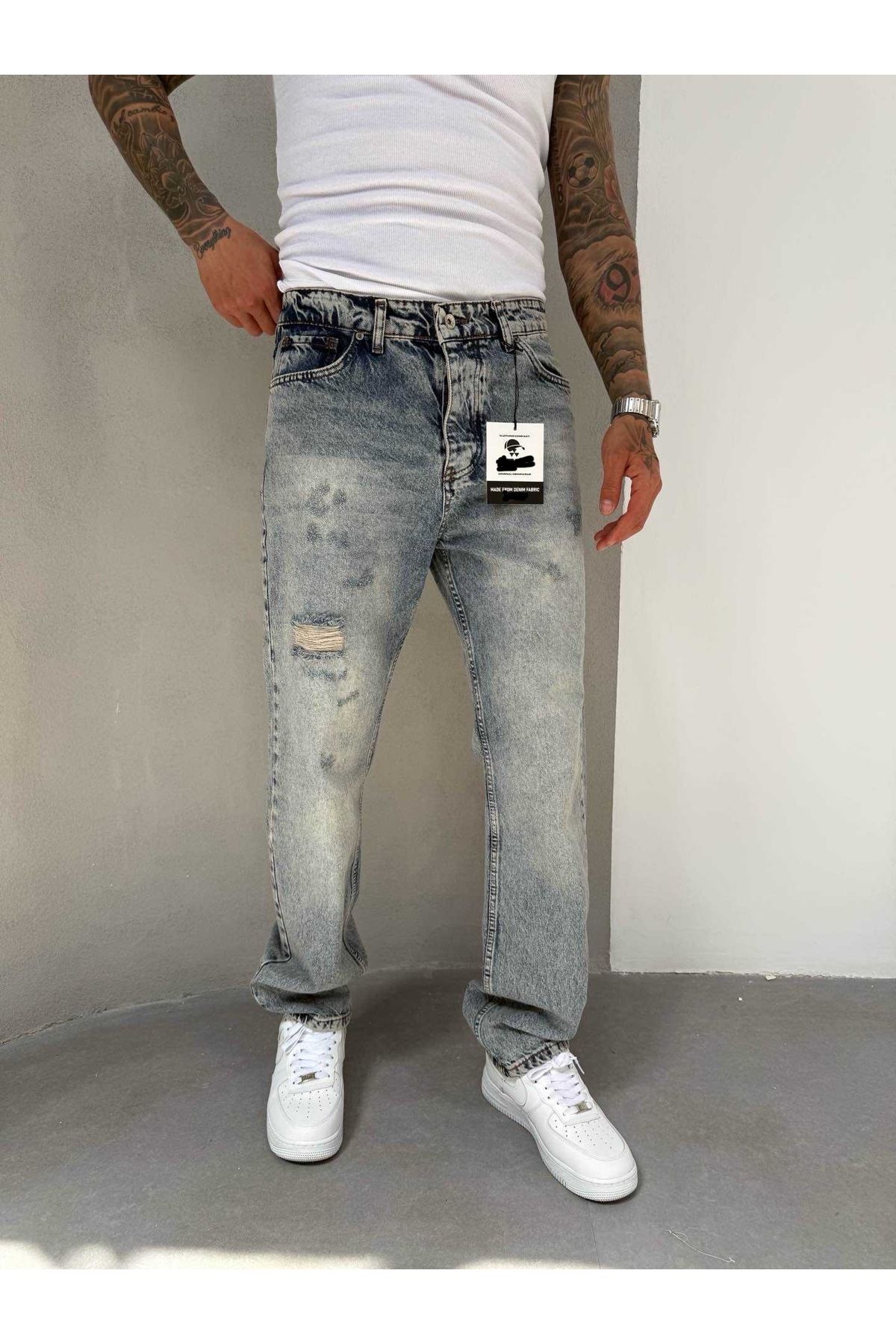 Denim Shorty Baggy Mavi Eskitme Yıkamalı Yırtık Detaylı Kot Pantolon