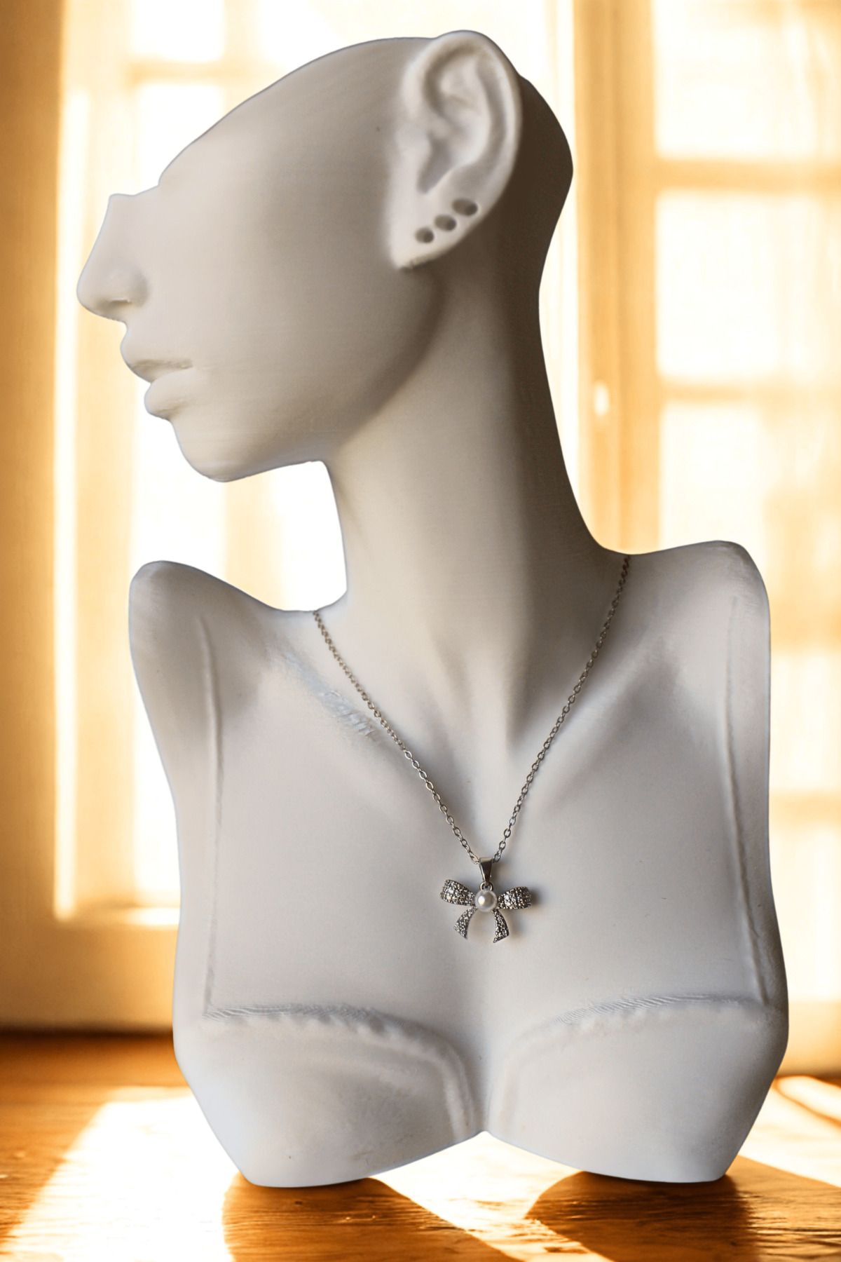 Butik İncili Kurdele Silver Kolye