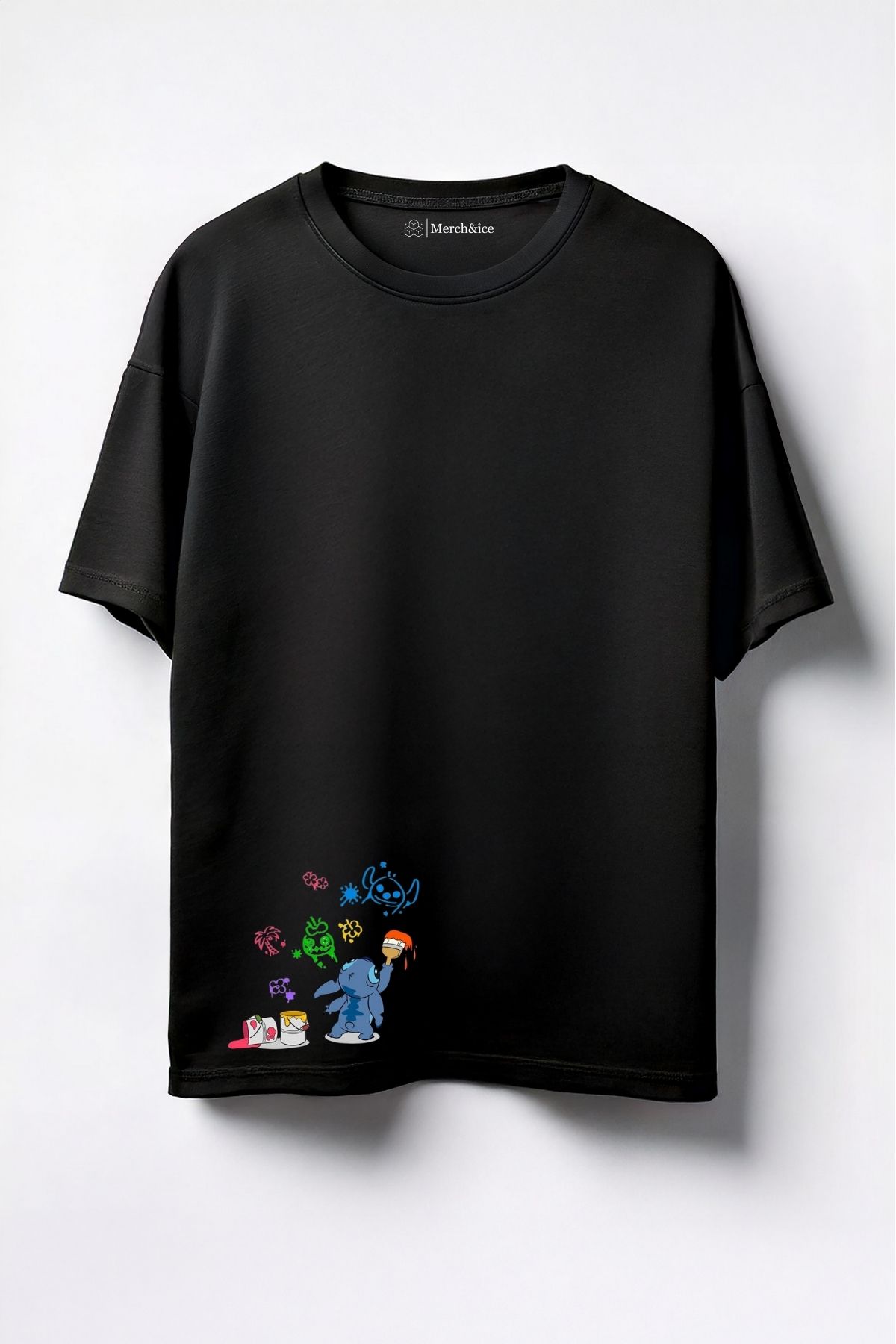 Merch&ice Boyama Yapan Stitch Baskılı Unisex Oversize T-Shirt