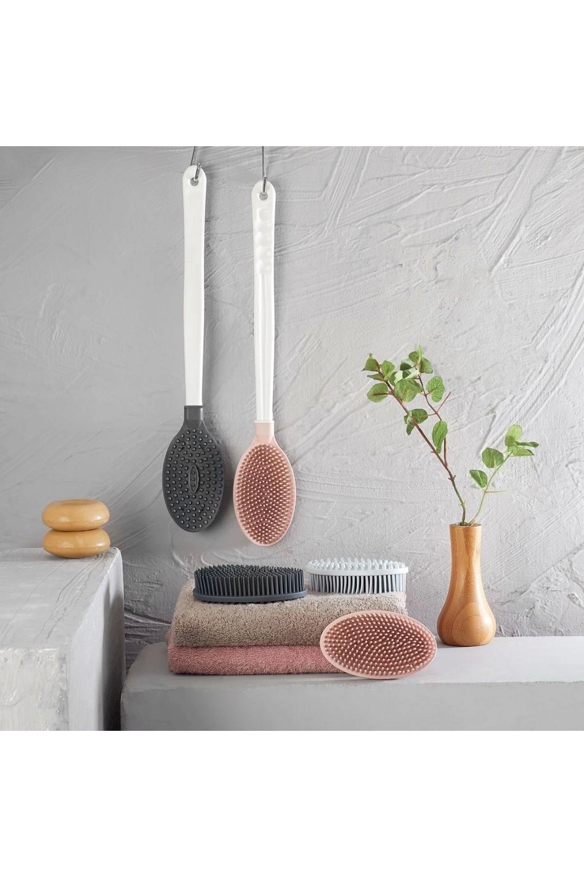 Nemere Silikon Masajlı Uzun Saplı Vücut Masaj Fırçası Banyo Sırt Kesesi Saplı Yumuşak Fırça