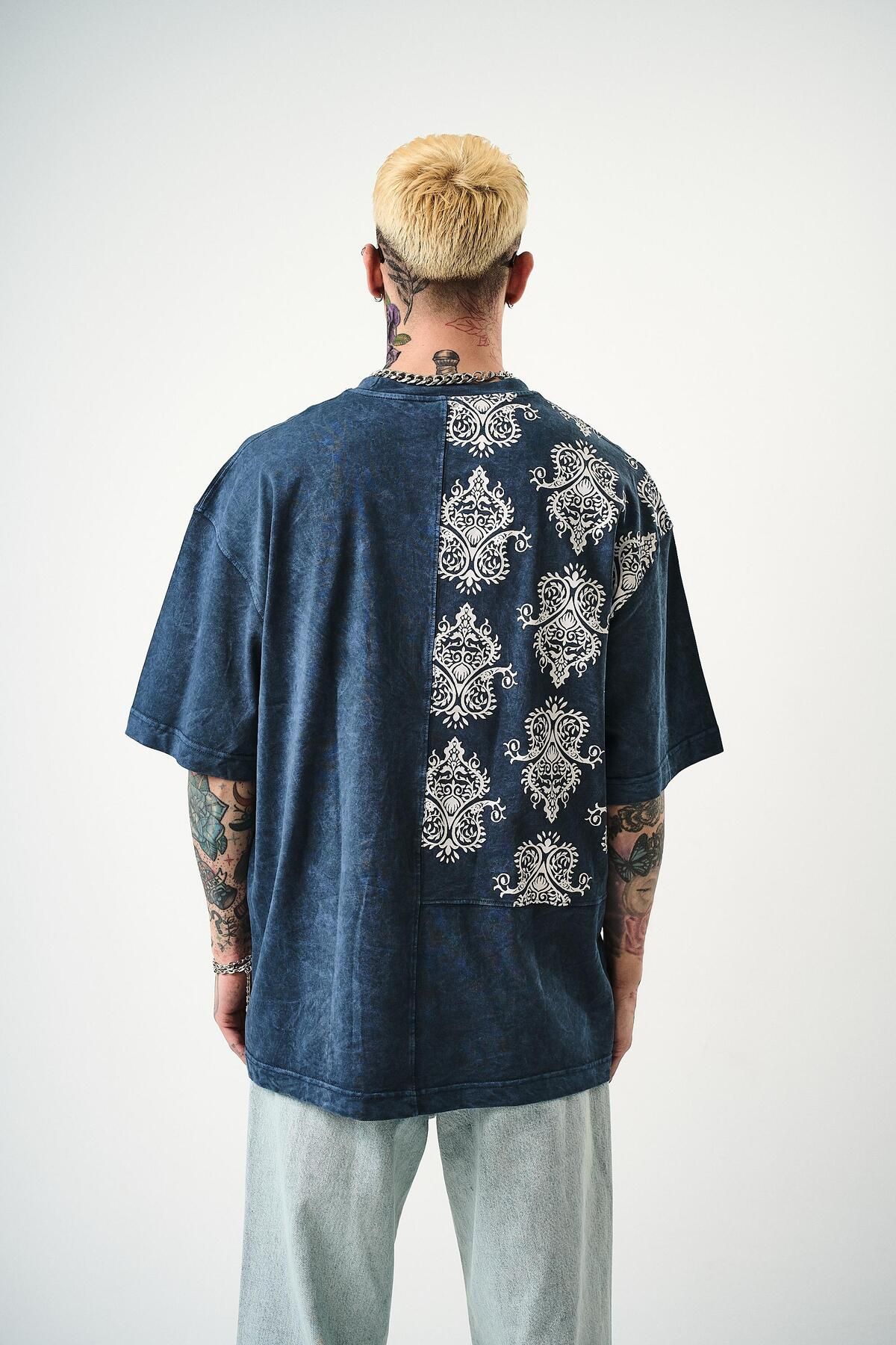 Respire Erkek Paisley Baskılı Yıkamalı Oversize T-Shirt İndigo