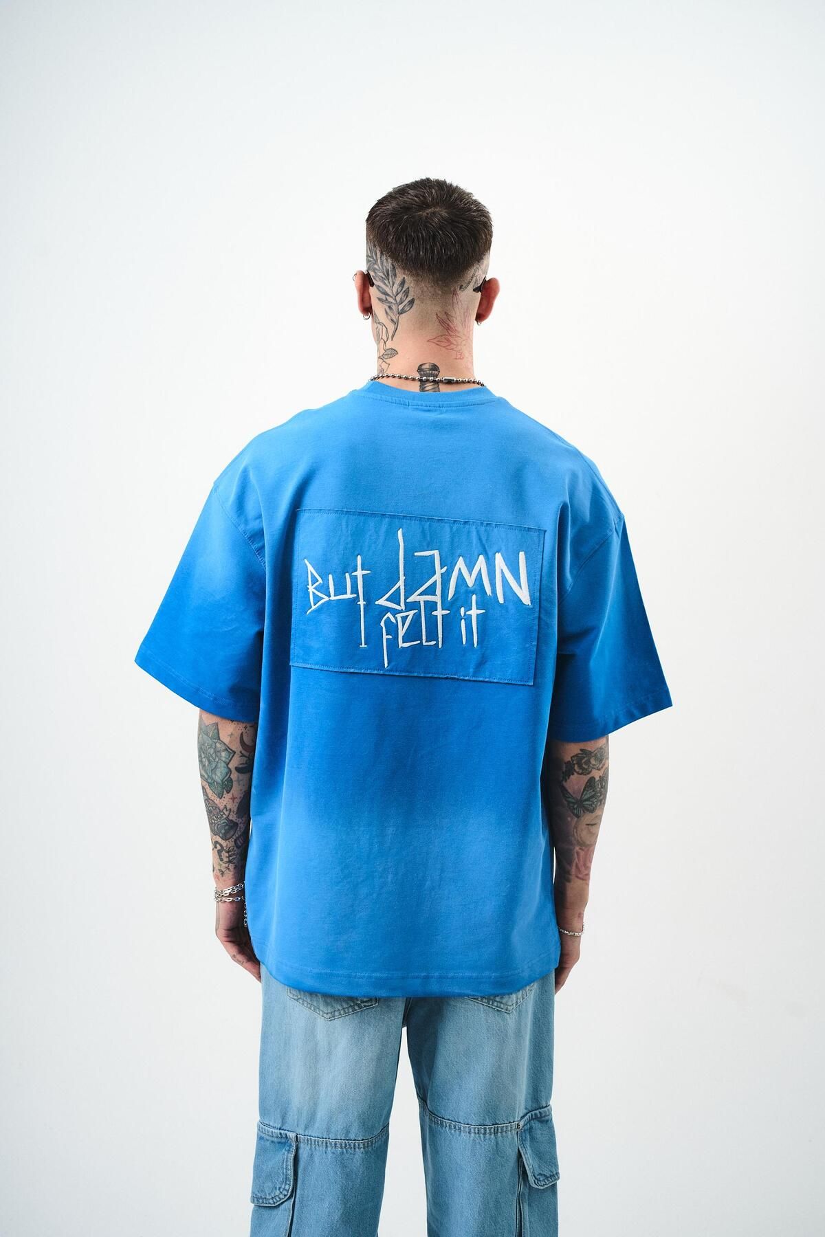 Respire Erkek But Damn Nakışlı Oversize T-Shirt Mavi