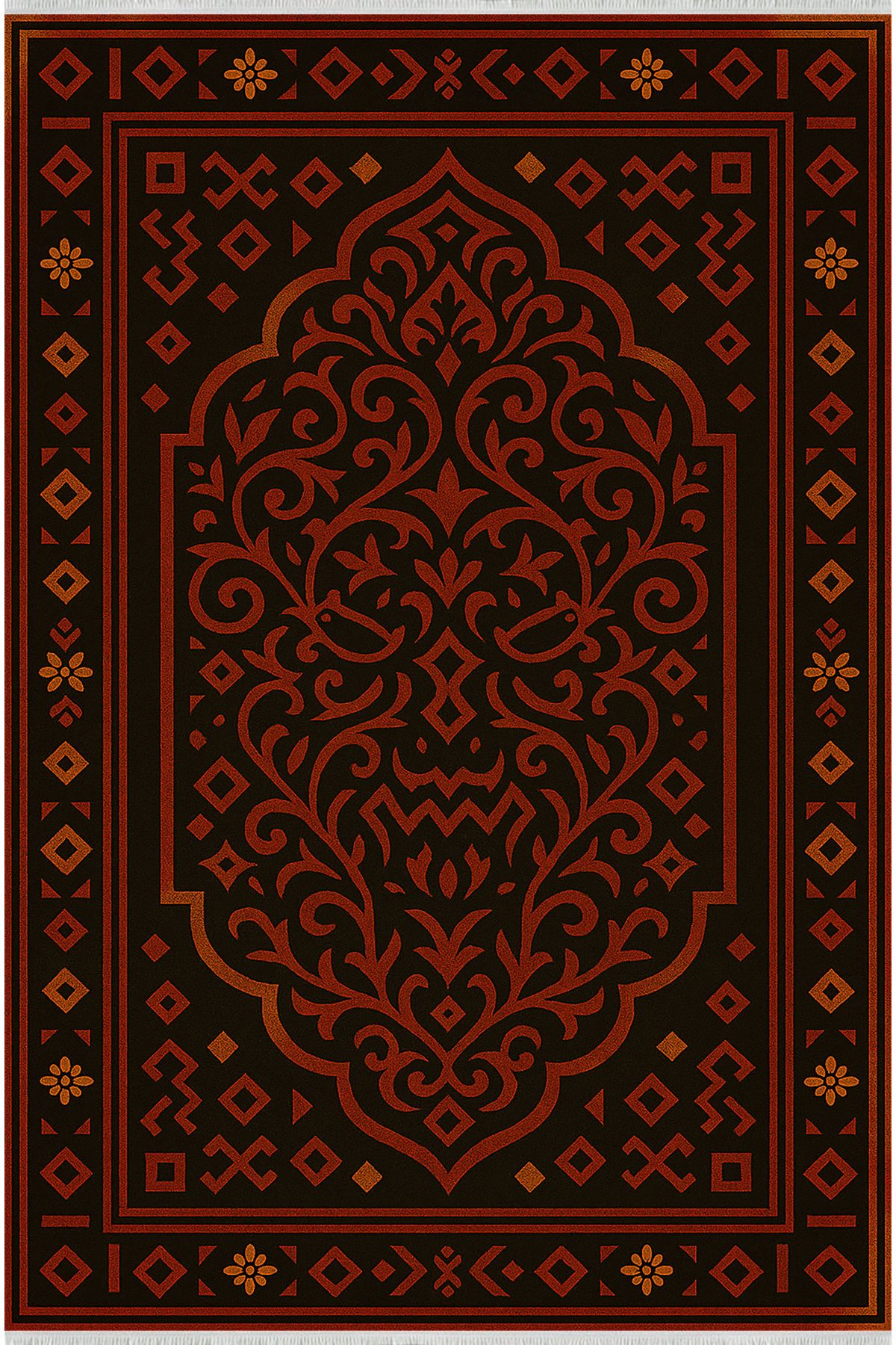 TNYLOF Siyah Zemin Kırmızı Geometrik Halı – Etnik Stil | Kaymaz Taban, Yıkanabilir, Evcil Dostu