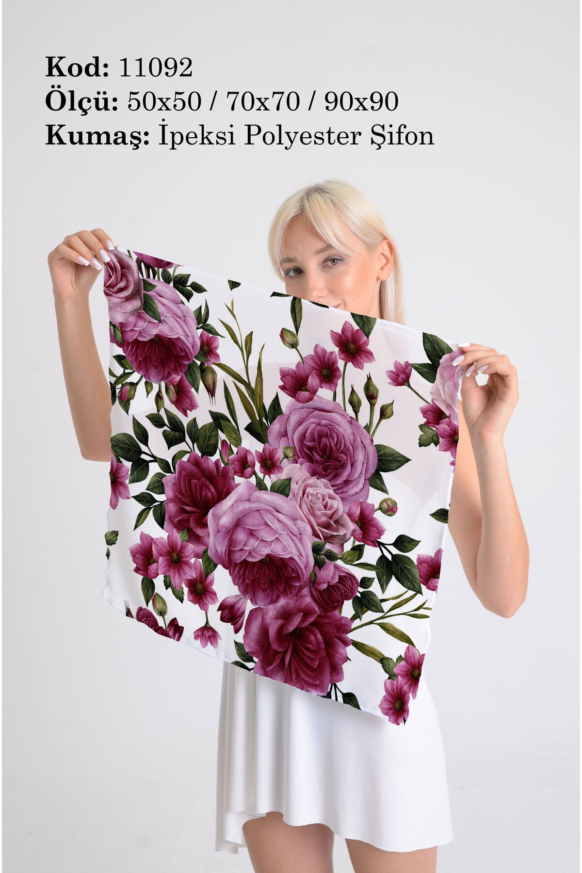 DESENİX Pembe Çiçek Bahçesi Desenli İpeksi Şifon Fular - Şal, Eşarp, Boyunluk - 50x50, 70x70, 90x90 cm