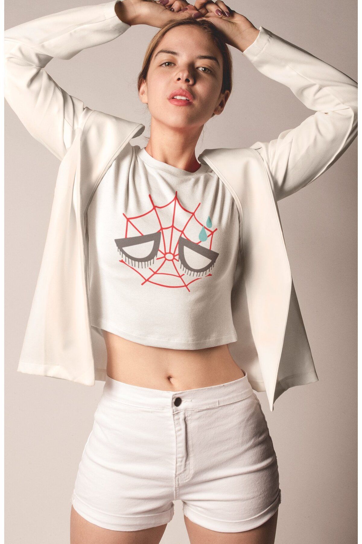 Fuddy Moda Üzgün Örümcek Surat Baskılı Crop Top, Kadın Spider Evreni Temalı Crop Bluz