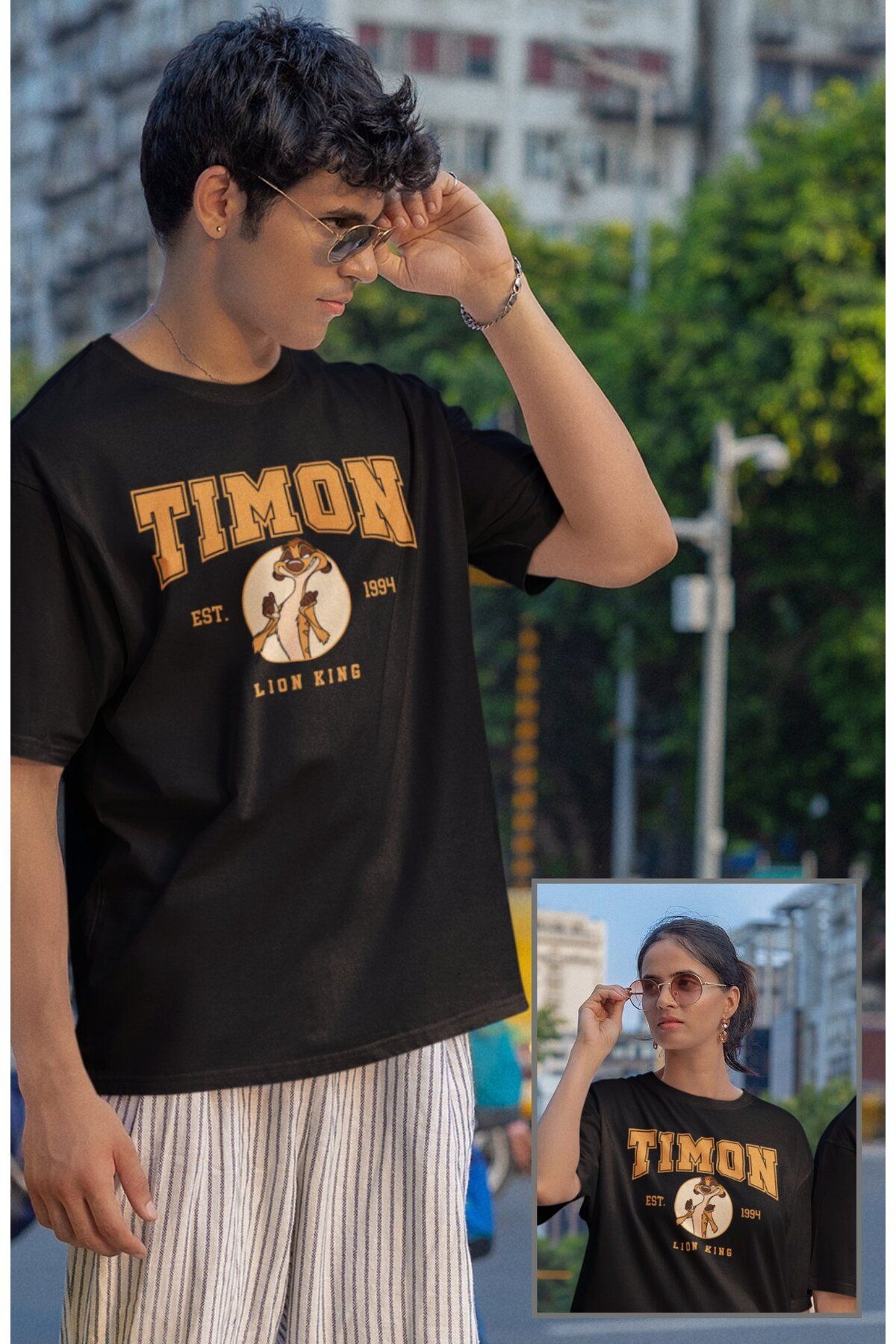 Fuddy Moda Unisex Lion King Timon Est 1994 Baskılı Tişört, Oversize Çizgi Film Aslan Kral Temalı T-Shirt