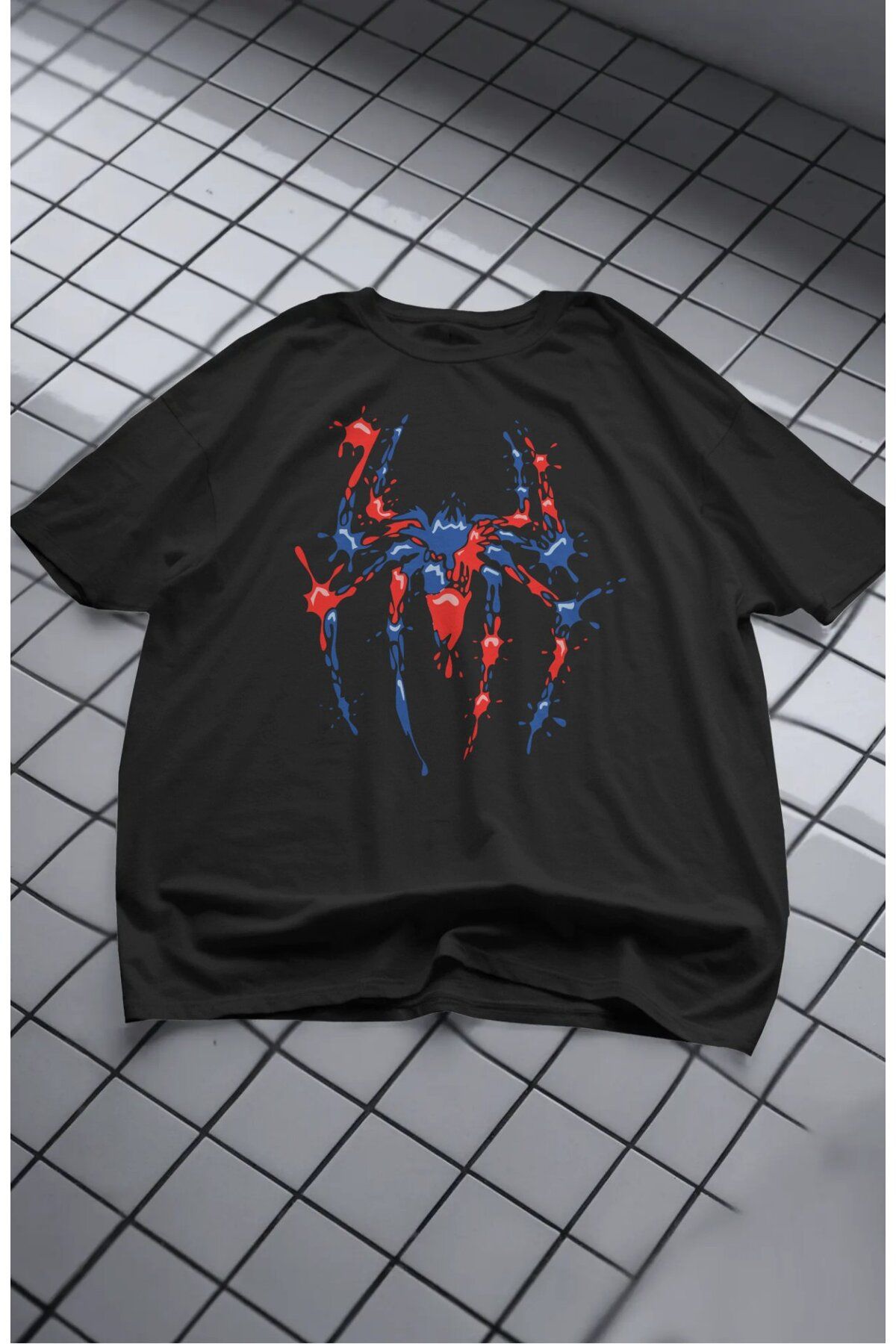 Fuddy Moda Unisex Kırmızı Mavi Örümcek Baskılı Tişört, Oversize Spider Temalı T-Shirt