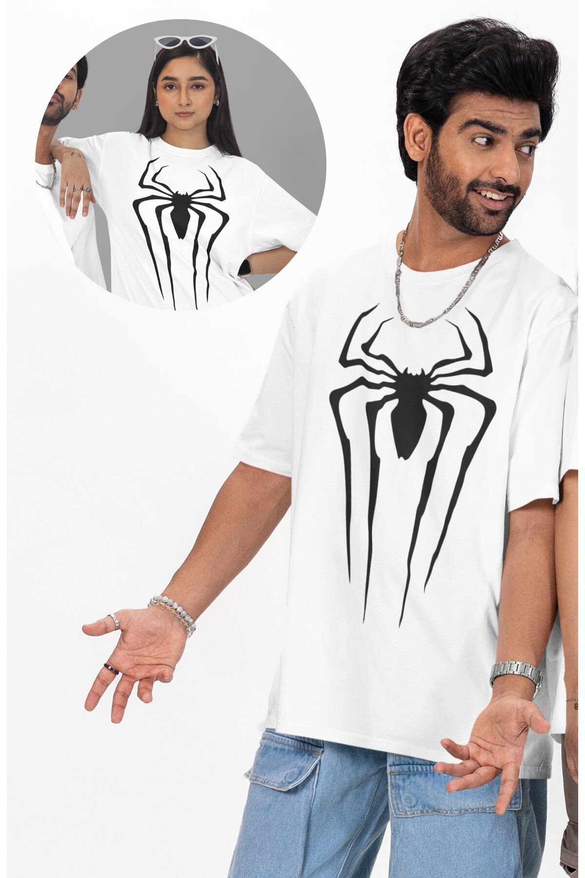 Fuddy Moda Unisex Vectörel Örümcek Baskılı Tişört, Oversize Süper Hero Spider Temalı T-Shirt