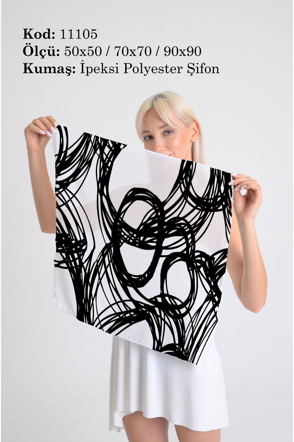 DESENİX Karalama Daireler Desenli İpeksi Şifon Fular - Şal, Eşarp, Boyunluk - 50x50, 70x70, 90x90 cm