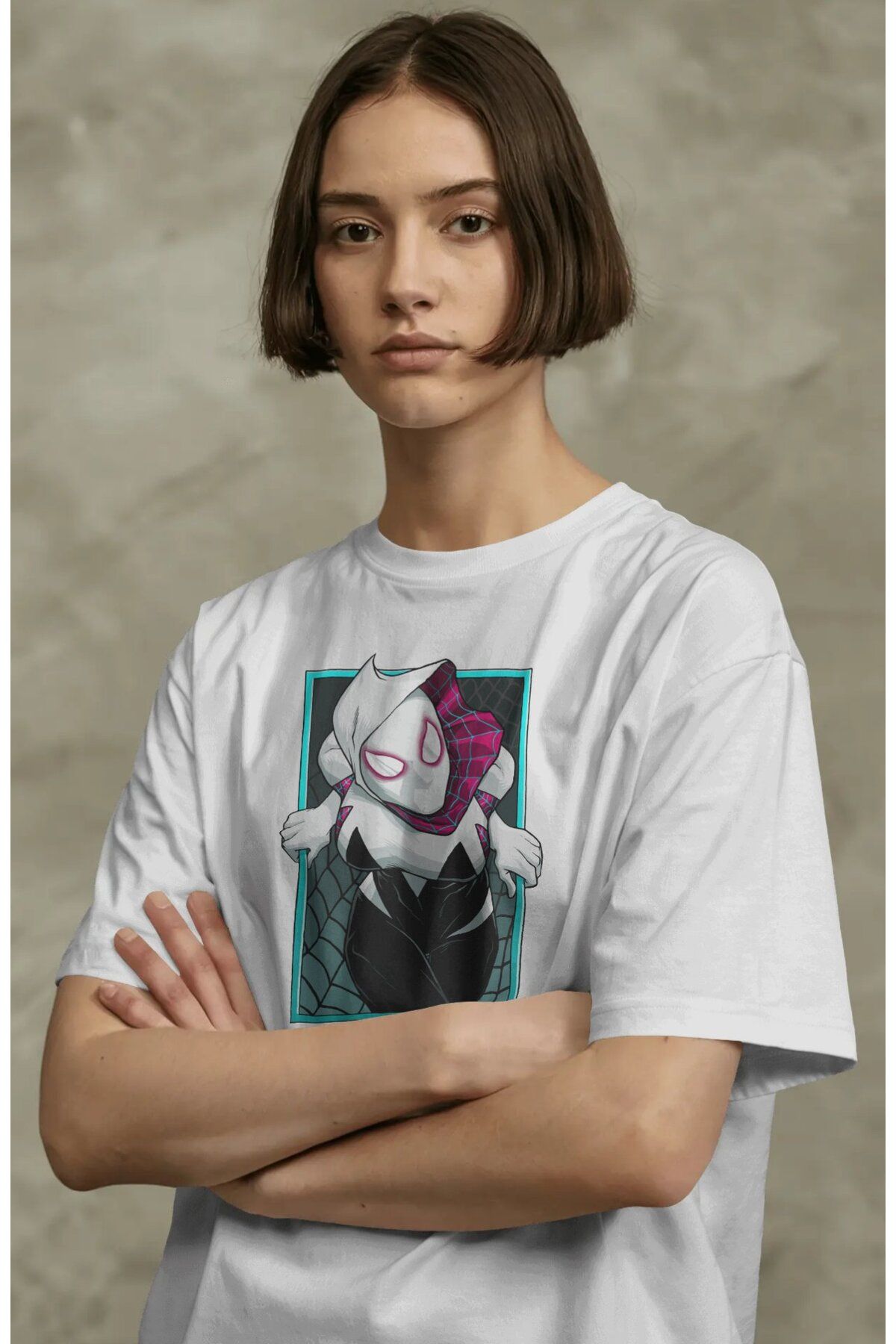 Fuddy Moda Spider Gwen Baskılı Tişört, Oversize Örümcek Evreni Temalı T-Shirt