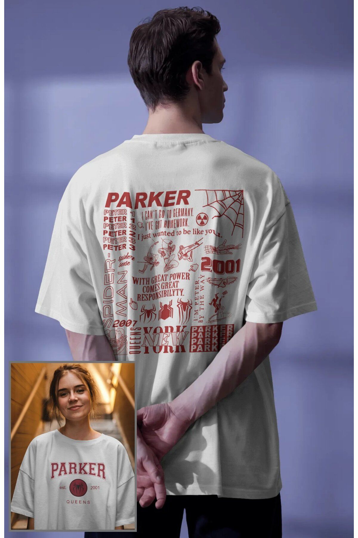 Fuddy Moda Unisex Peter Parker Sırt Baskılı Tişört, Oversize Örümcek Evreni Temalı T-Shirt