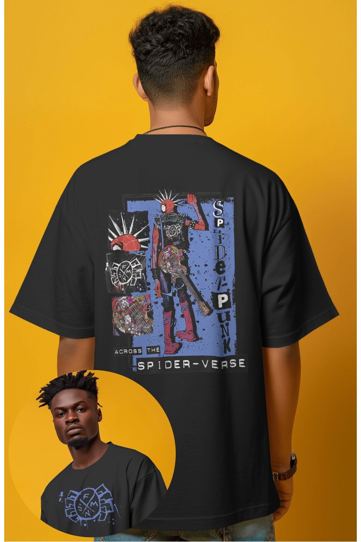 Fuddy Moda Unisex Spider Punk Sırt Baskılı Tişört, Oversize Spider Verse Temalı T-Shirt