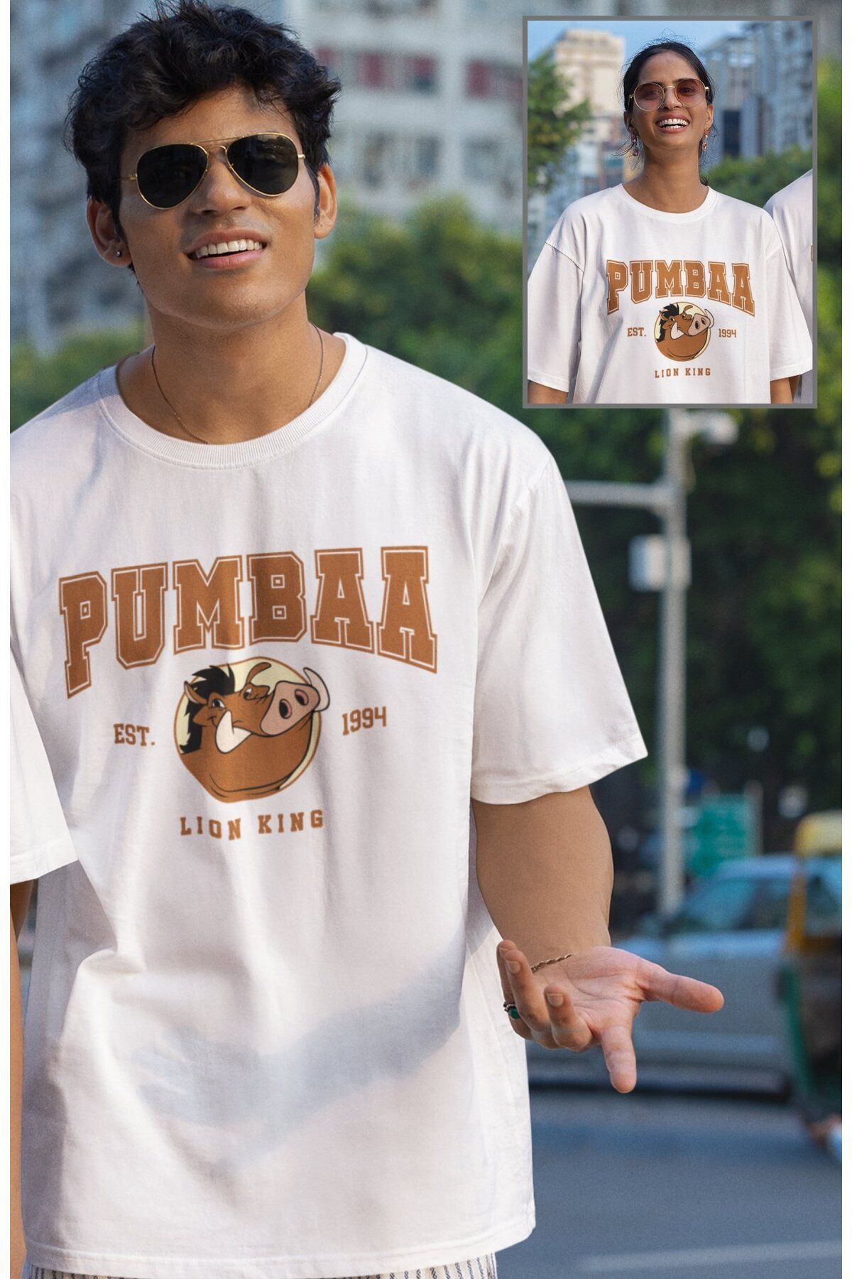 Fuddy Moda Unisex Pumbaa Baskılı Tişört, Oversize Çizgi Film Aslan Kral Temalı T-Shirt