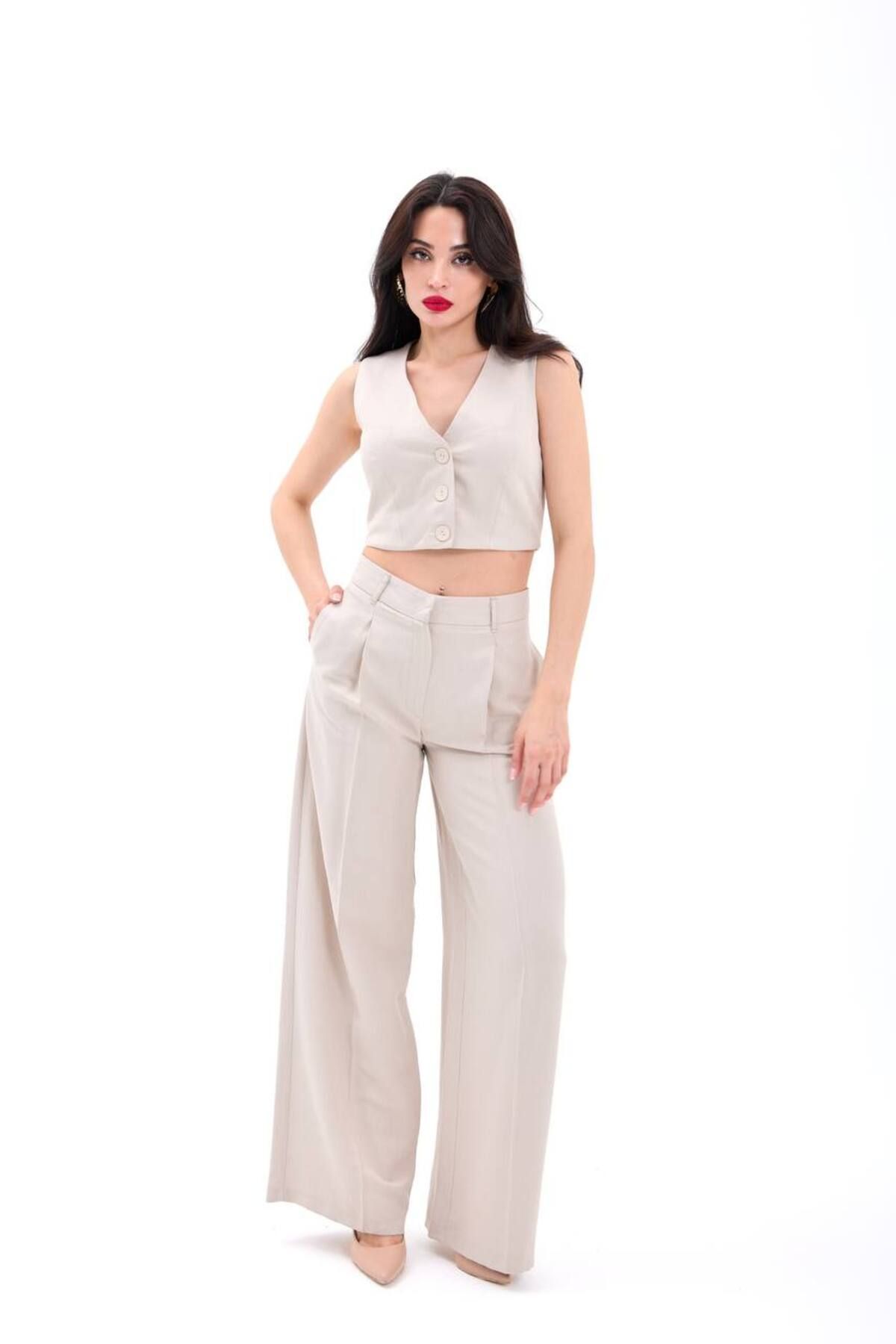 Castivo Fashion Cepli Yüksek Bel Palazzo Pantolon & Düğmeli Crop Yelek Takım