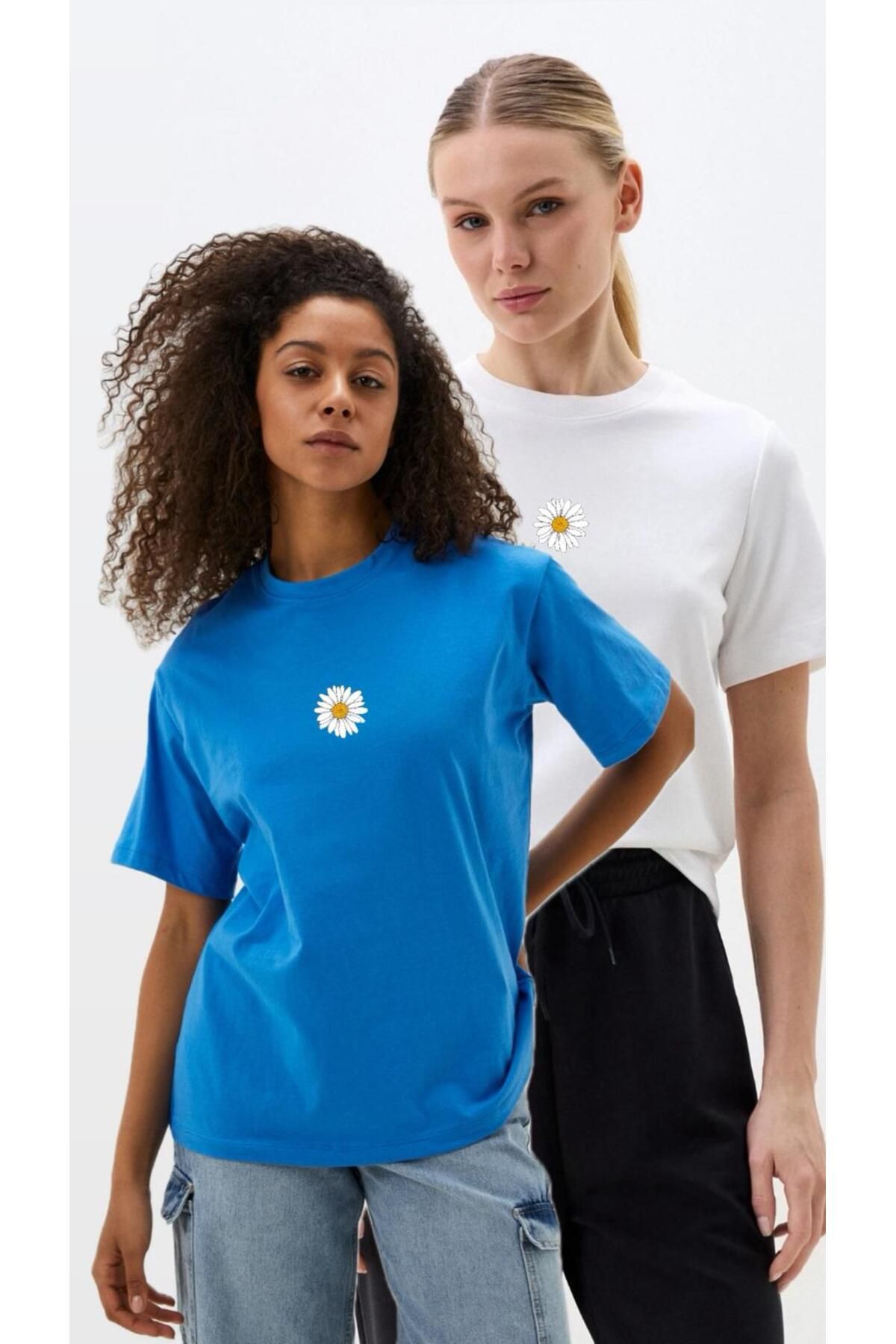 woonkey KADIN OVERSİZE PAPATYA BASKILI BİSİKLET YAKA RAHAT KALIP 2 ADET T-SHIRT AVANTAJLI PAKET