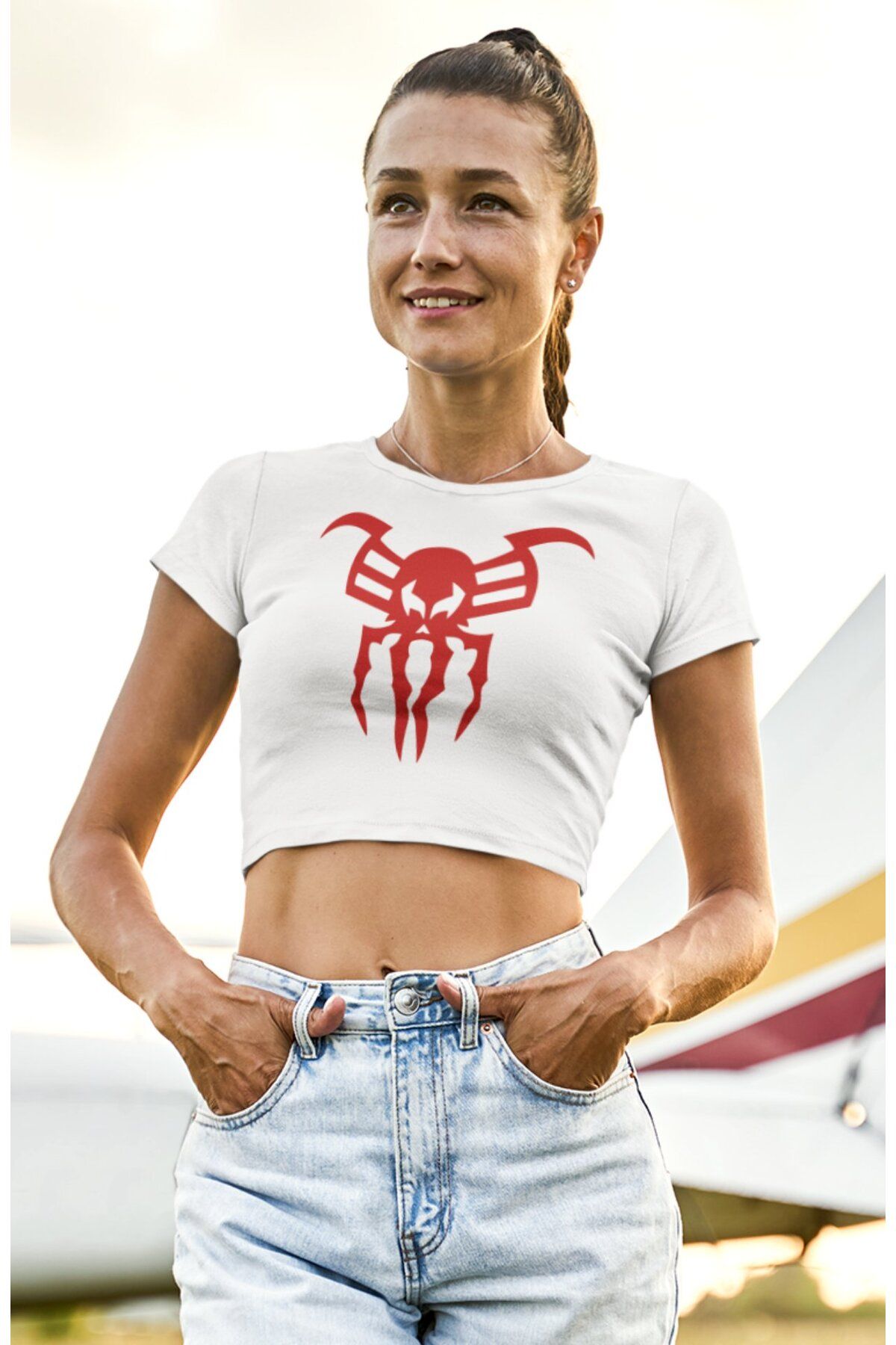Fuddy Moda Spider 2099 Baskılı Crop Top, Kadın Örümcek Temalı Crop Bluz