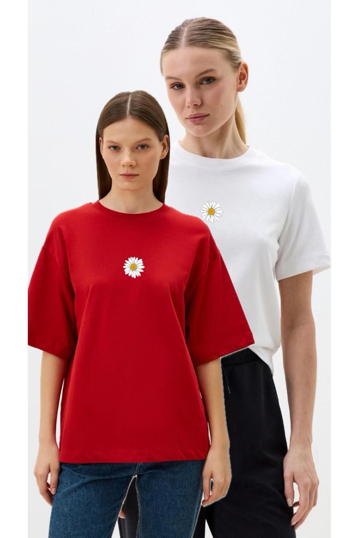 woonkey KADIN OVERSİZE PAPATYA BASKILI BİSİKLET YAKA RAHAT KALIP 2 ADET T-SHIRT AVANTAJLI PAKET