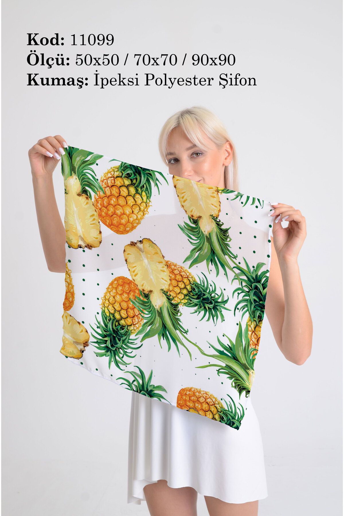DESENİX Tropikal Ananas Desenli İpeksi Şifon Fular - Şal, Eşarp, Boyunluk - 50x50, 70x70, 90x90 cm