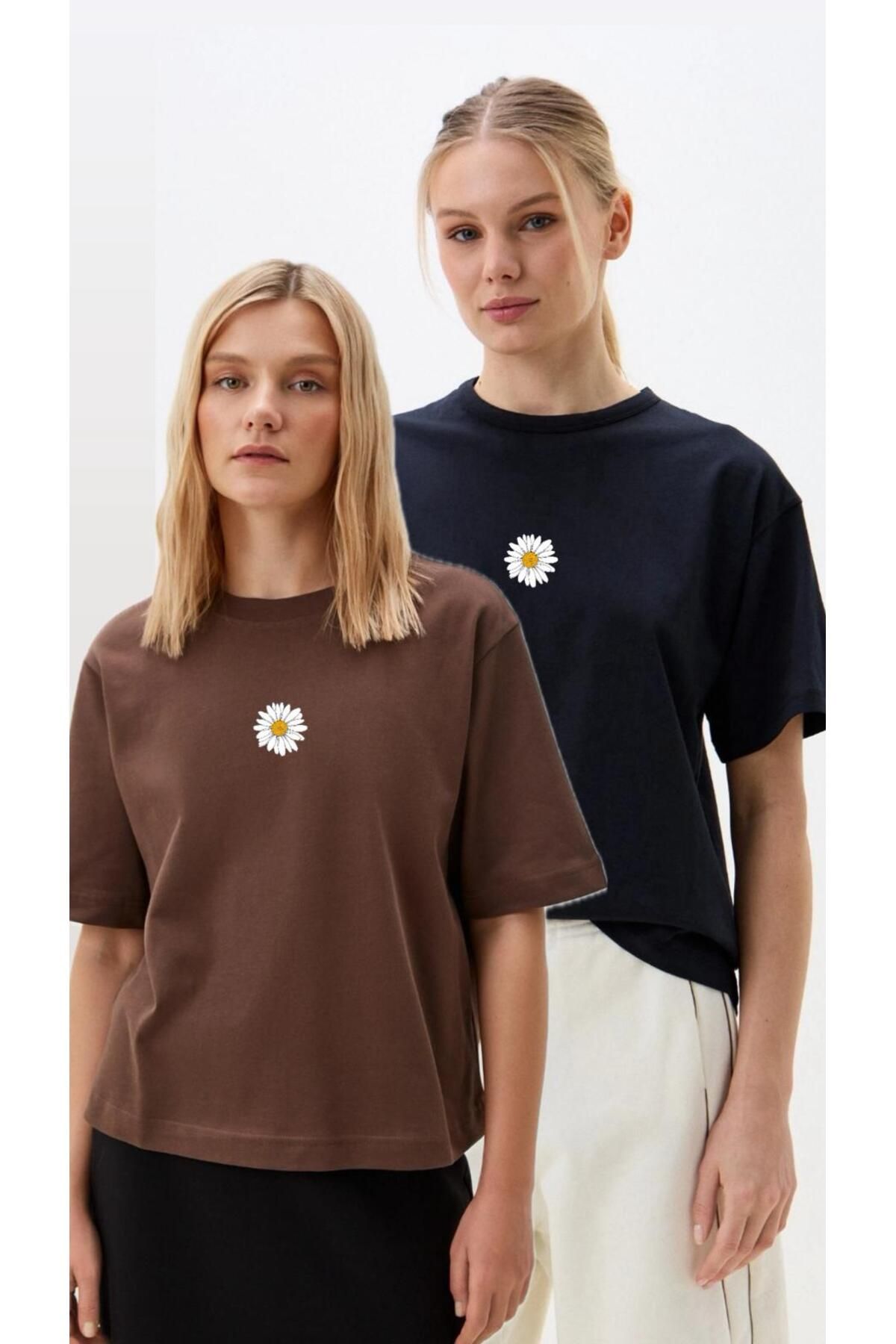 woonkey KADIN OVERSİZE PAPATYA BASKILI BİSİKLET YAKA RAHAT KALIP 2 ADET T-SHIRT AVANTAJLI PAKET