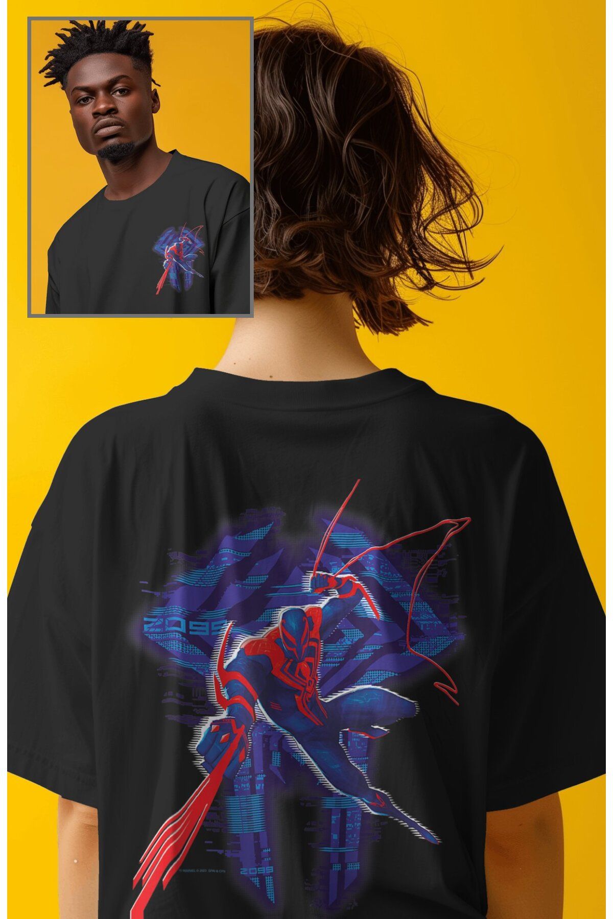 Fuddy Moda Unisex Spider Logo Sırt Baskılı Tişört, Oversize Süper Kahraman Örümcek Temalı T-Shirt