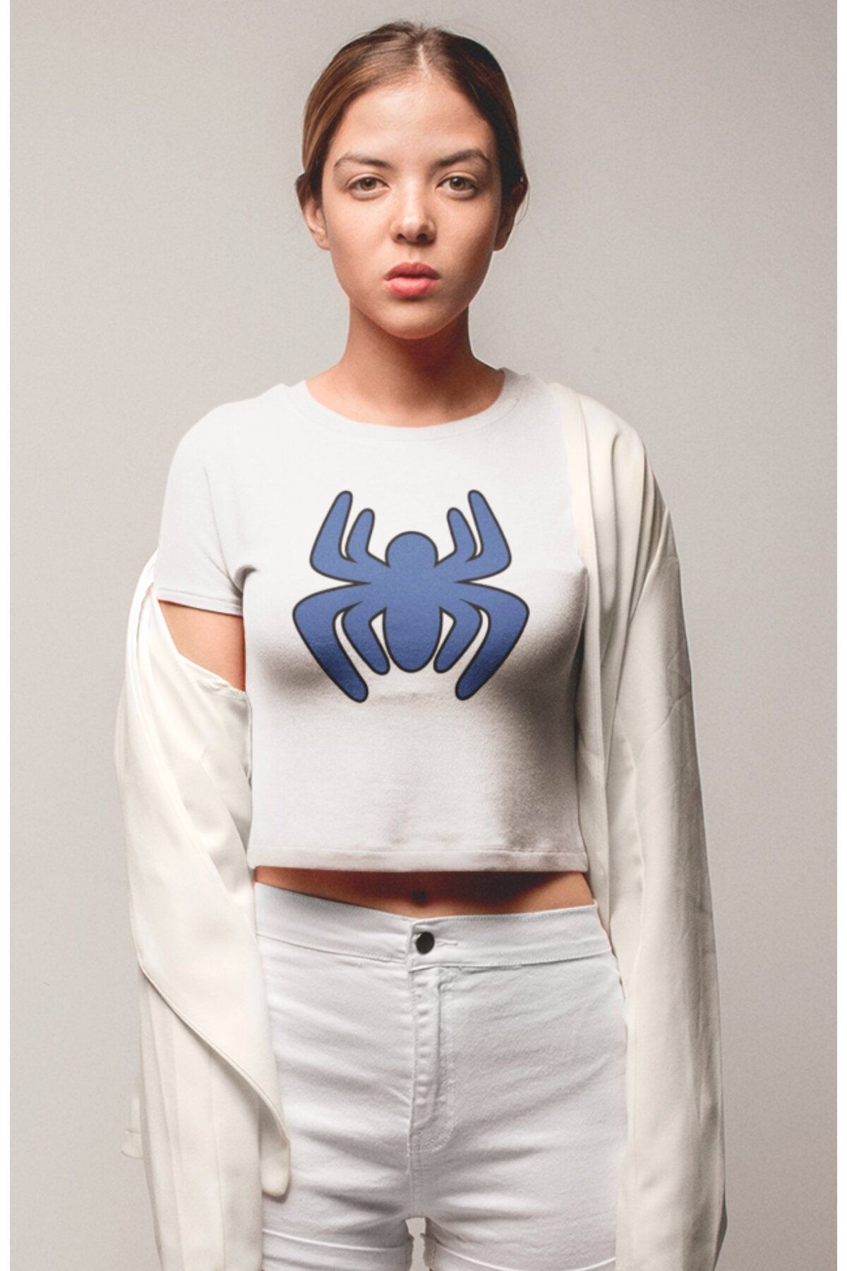 Fuddy Moda Sevimli Mavi Örümcek Baskılı Crop Top, Kadın Spider Temalı Crop Bluz