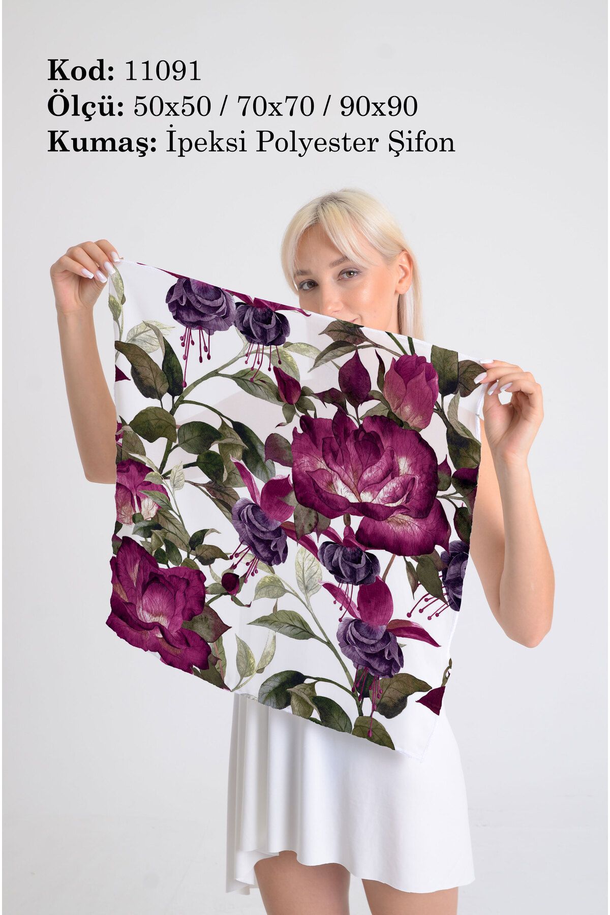 DESENİX Mor Güller ve Yapraklar Desenli İpeksi Şifon Fular - Şal, Eşarp, Boyunluk - 50x50, 70x70, 90x90 cm