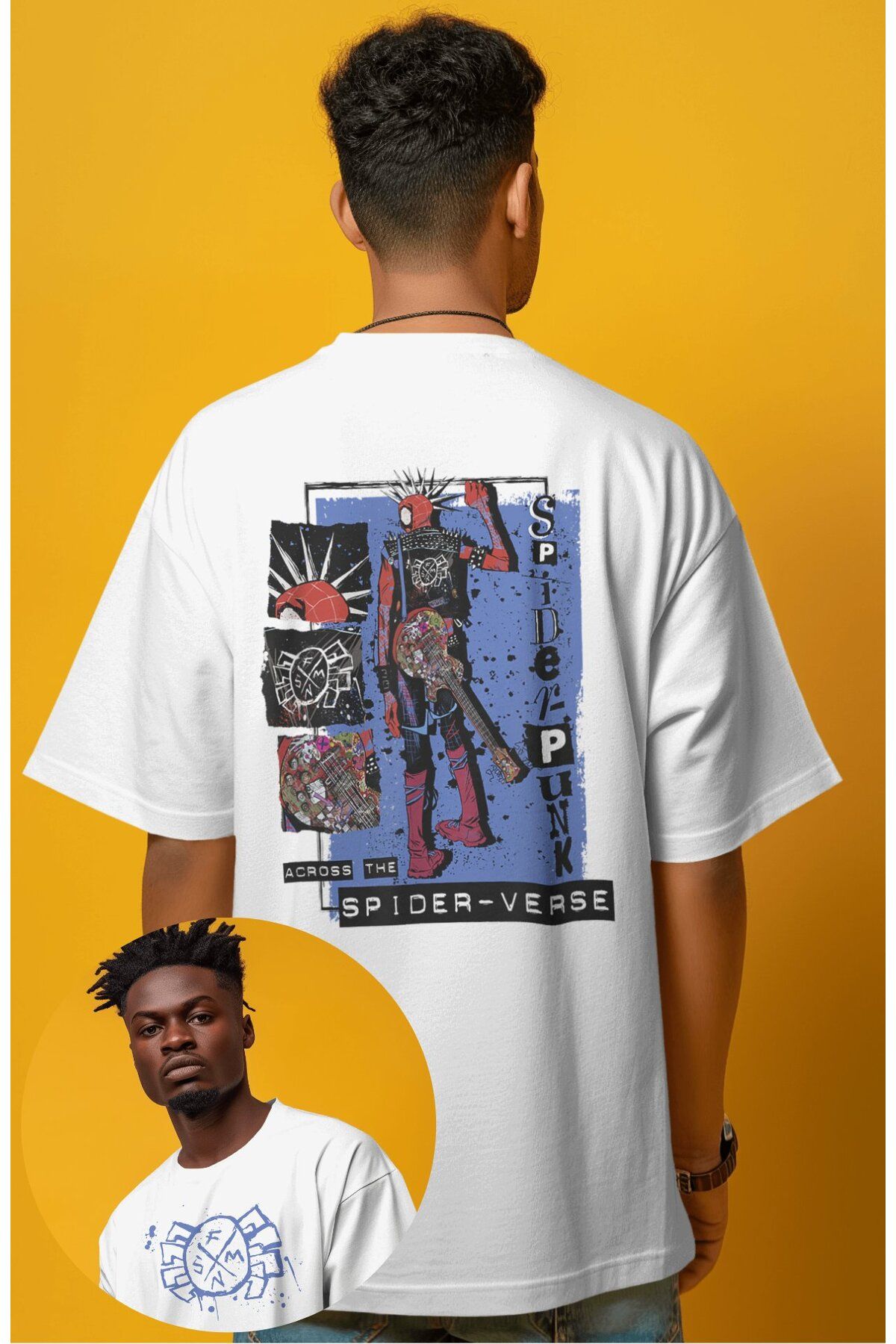 Fuddy Moda Unisex Spider Punk Sırt Baskılı Tişört, Oversize Spider Verse Temalı T-Shirt