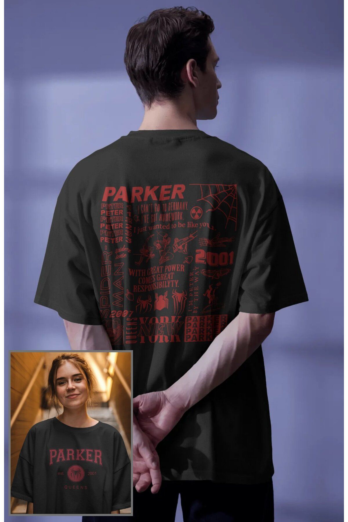 Fuddy Moda Unisex Peter Parker Sırt Baskılı Tişört, Oversize Örümcek Evreni Temalı T-Shirt