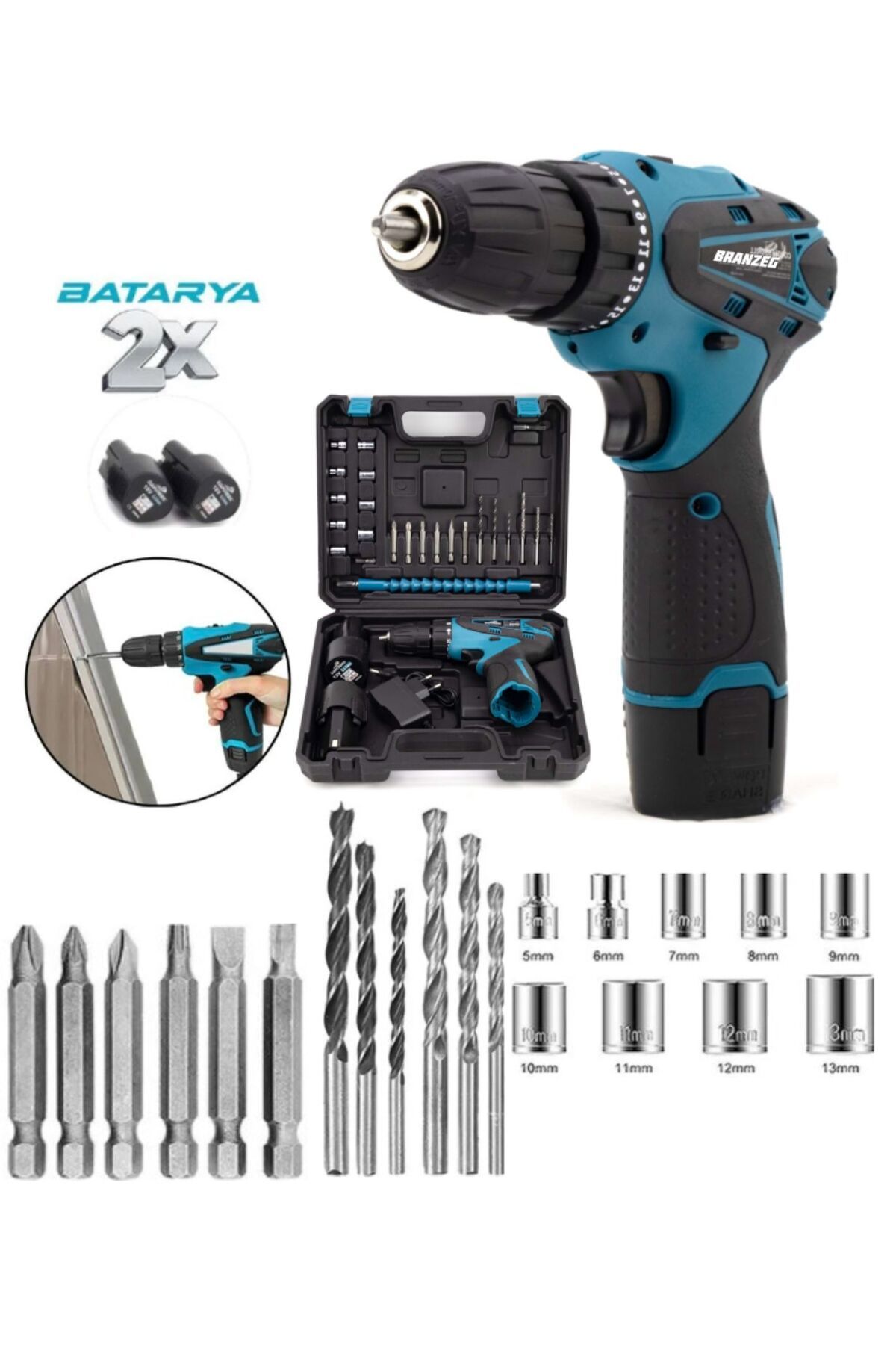 BRANZEG 12V Setli Akülü Vidalama Metal Sanzuman Sarjlı Matkap