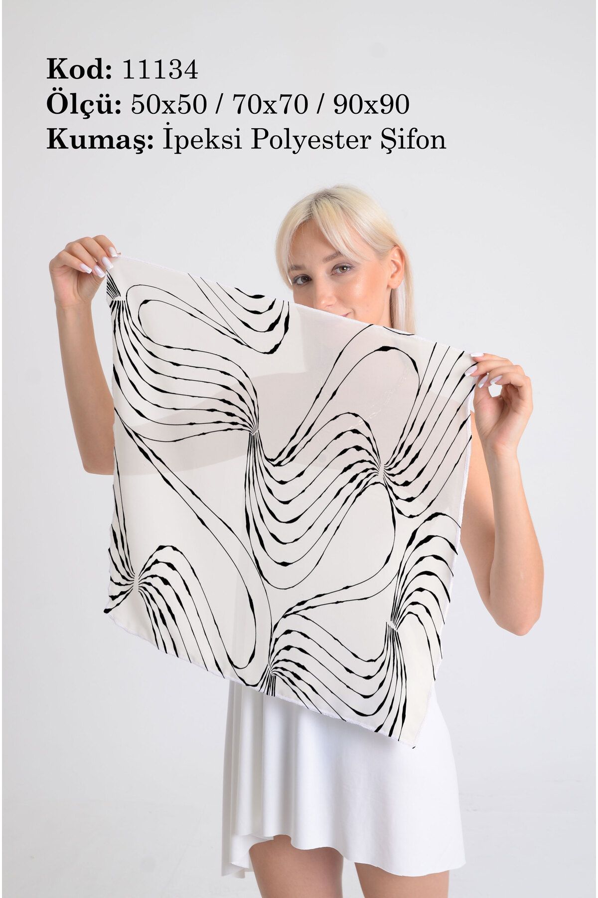 DESENİX Şık Çizgiler Desenli İpeksi Şifon Fular - Şal, Eşarp, Boyunluk - 50x50, 70x70, 90x90 cm