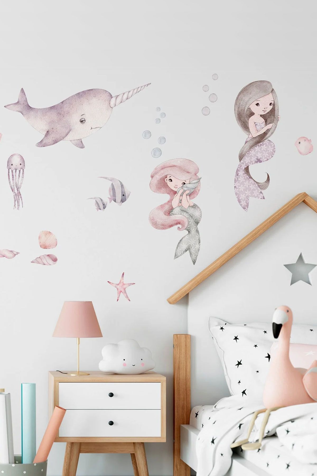 KT Decor Peri Masalı Sevimli Deniz Kızları Mermaid Çocuk Odası Duvar Sticker Seti