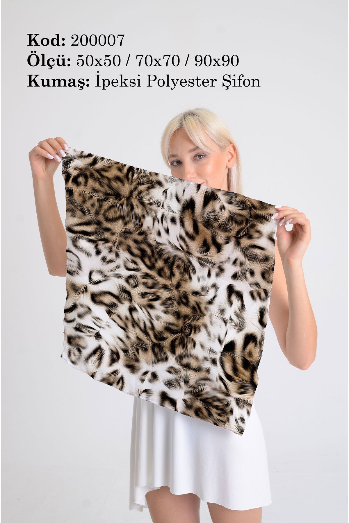DESENİX Modern Flu Leopar Desenli İpeksi Şifon Fular - Şal, Eşarp, Boyunluk - 50x50, 70x70, 90x90 cm