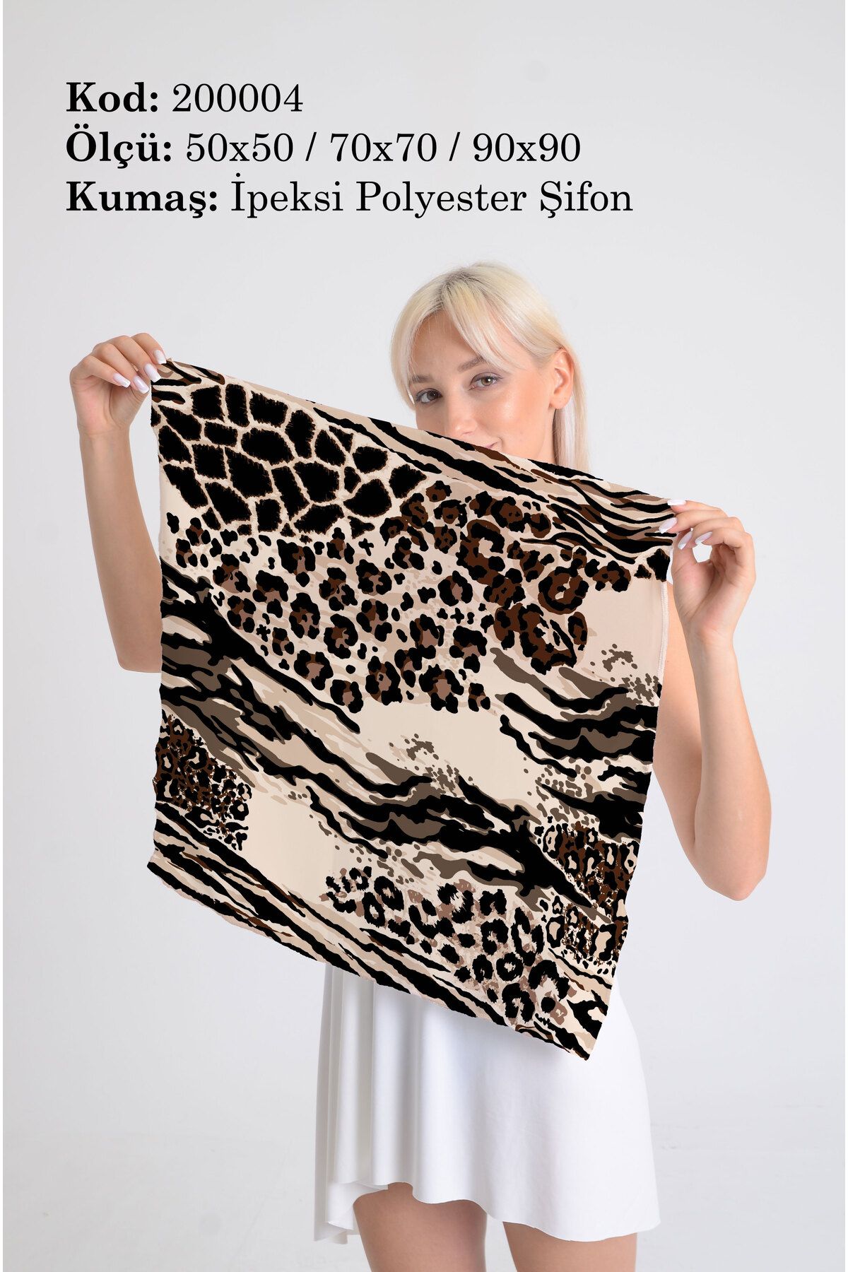 DESENİX Leopar ve Zebra Desenli İpeksi Şifon Fular - Şal, Eşarp, Boyunluk - 50x50, 70x70, 90x90 cm