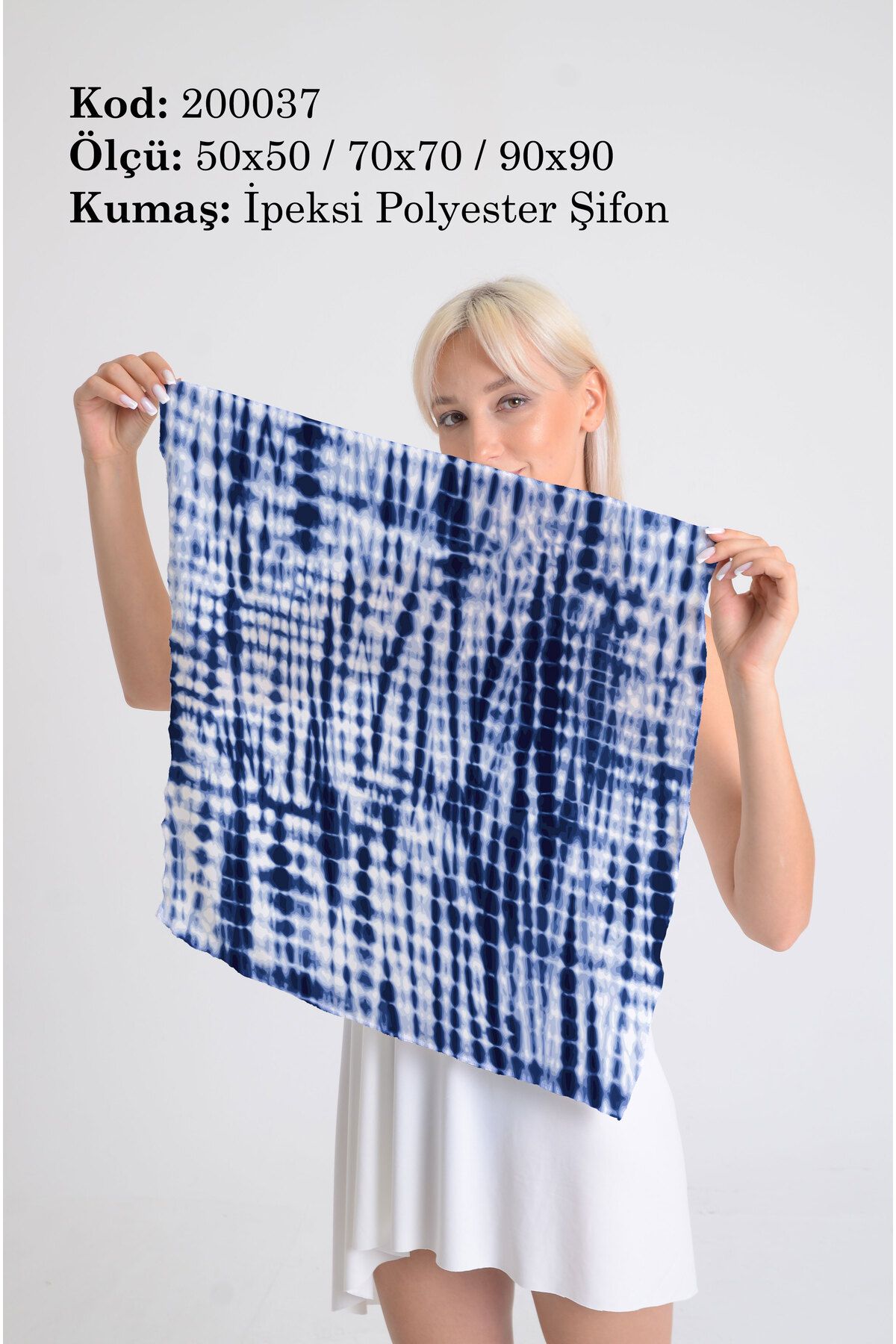 DESENİX Mavi Batik ve Yıkama Efekti Desenli İpeksi Şifon Fular - Şal, Eşarp, Boyunluk -50x50, 70x70, 90x90cm