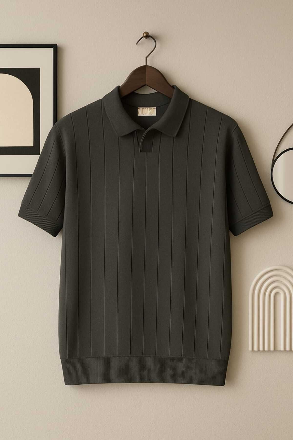 ZMODA SOFT Açık Polo Yaka Çizgili Old Money Örme Birinci Kalite Yumuşak Kısa Kollu Erkek Tişört