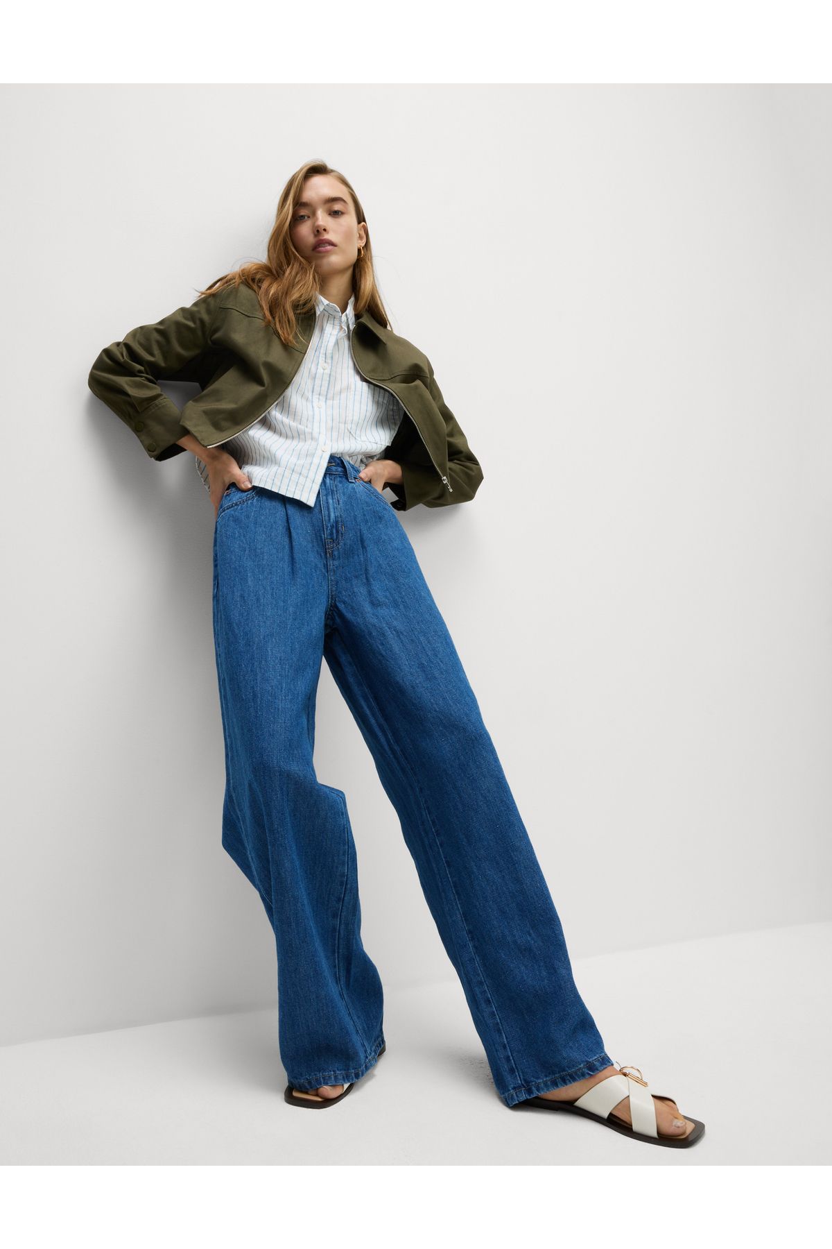Marks & Spencer Keten Karışımlı Denim Geniş Paça Pantolon