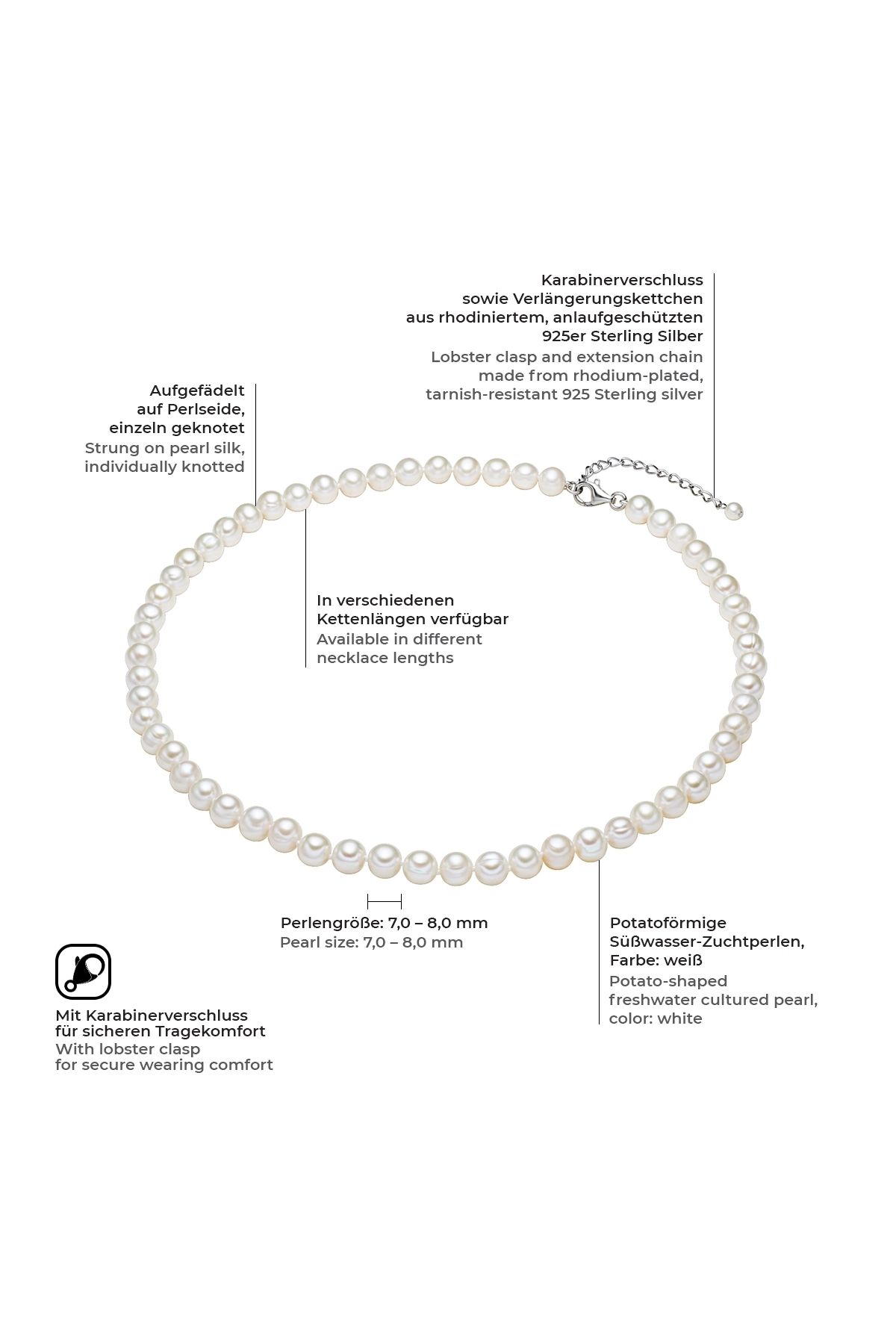 Valero Pearls-Perlenhalskette Kette Sterling Silber Süßwasser-zuchtperle Weiß 2