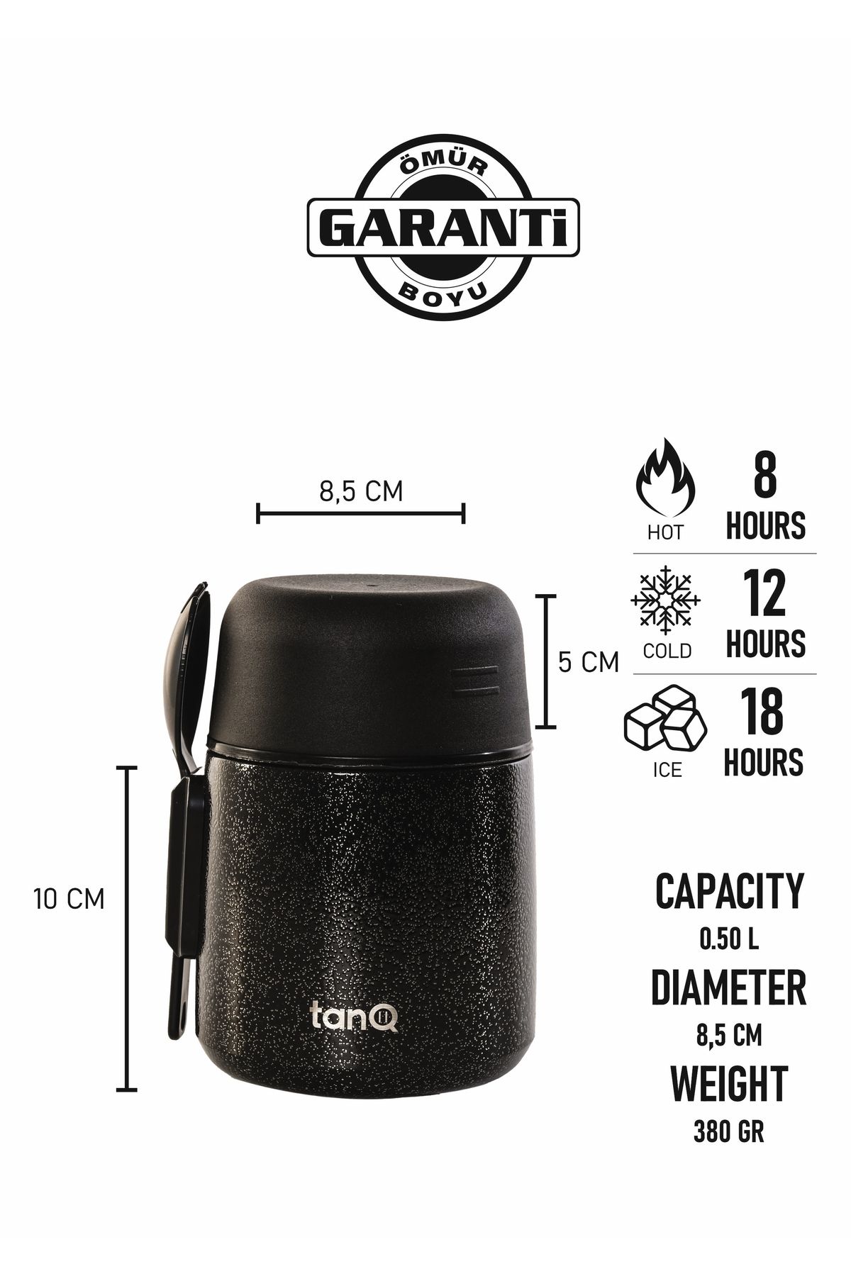 TANQ Ömür Boyu Garantili Bento Paslanmaz Çelik Yemek-Mama Termosu Titan Black 0.50 Lt- (17 Oz)