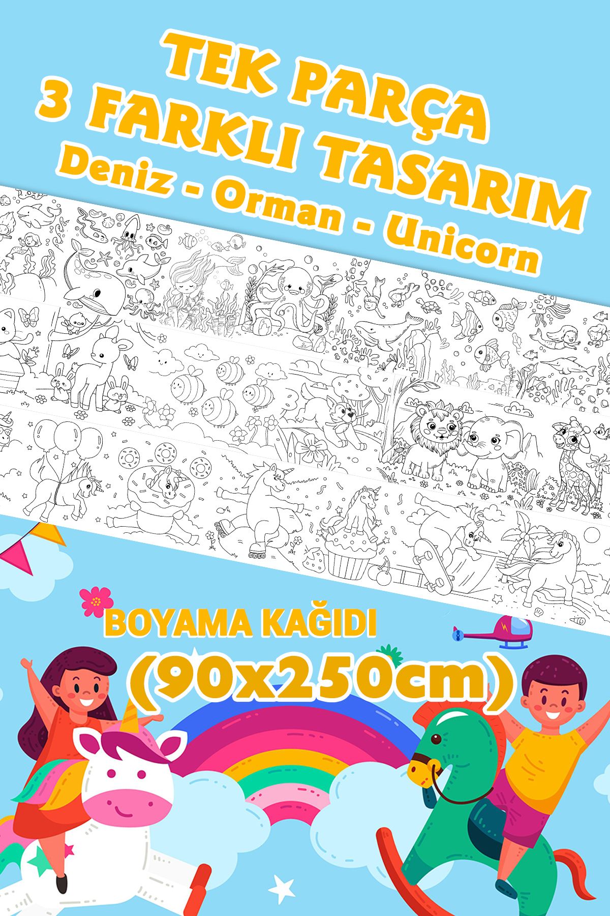 BiWini Tek Parça Unicorn-Orman-Deniz Dev Boyama Kağıdı 90cm*2,5 Metre Rulo- Çocuk Eğitici Boyama
