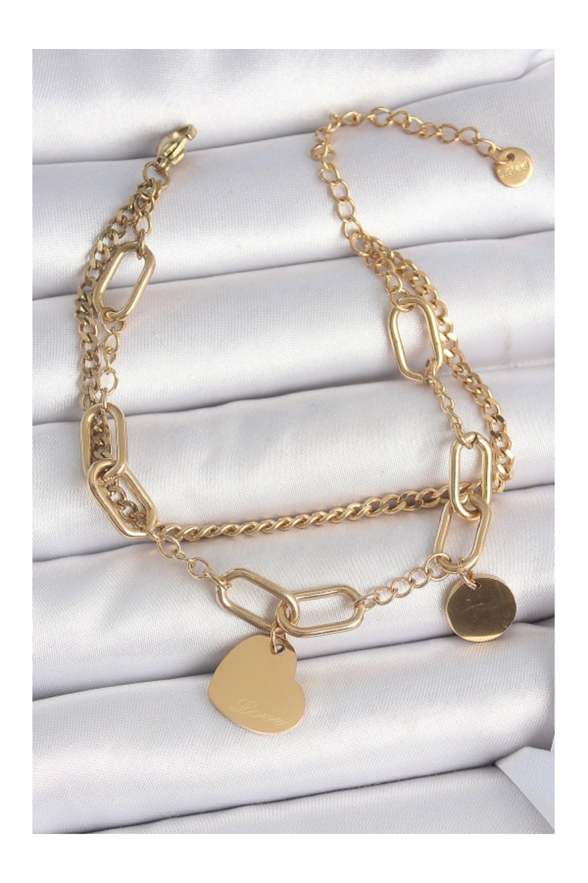 Clariss 316L Çelik Gold Renk 2'Li Zincir Model Sallantı Kalp Figür Kadın Bileklik
