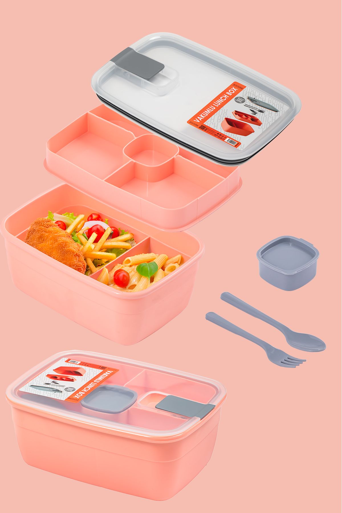Porsima-3193 Vacuum Self-Feeding Lunch Box with Spoon, Fork and Sauce Bowl - 2-Tier Lunch Box - Lunch Box 6
