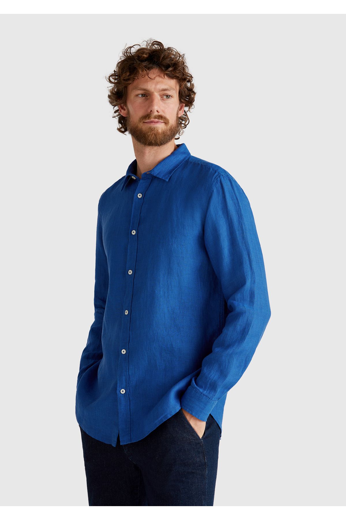United Colors of Benetton Erkek İndigo %100 Keten Gömlek
