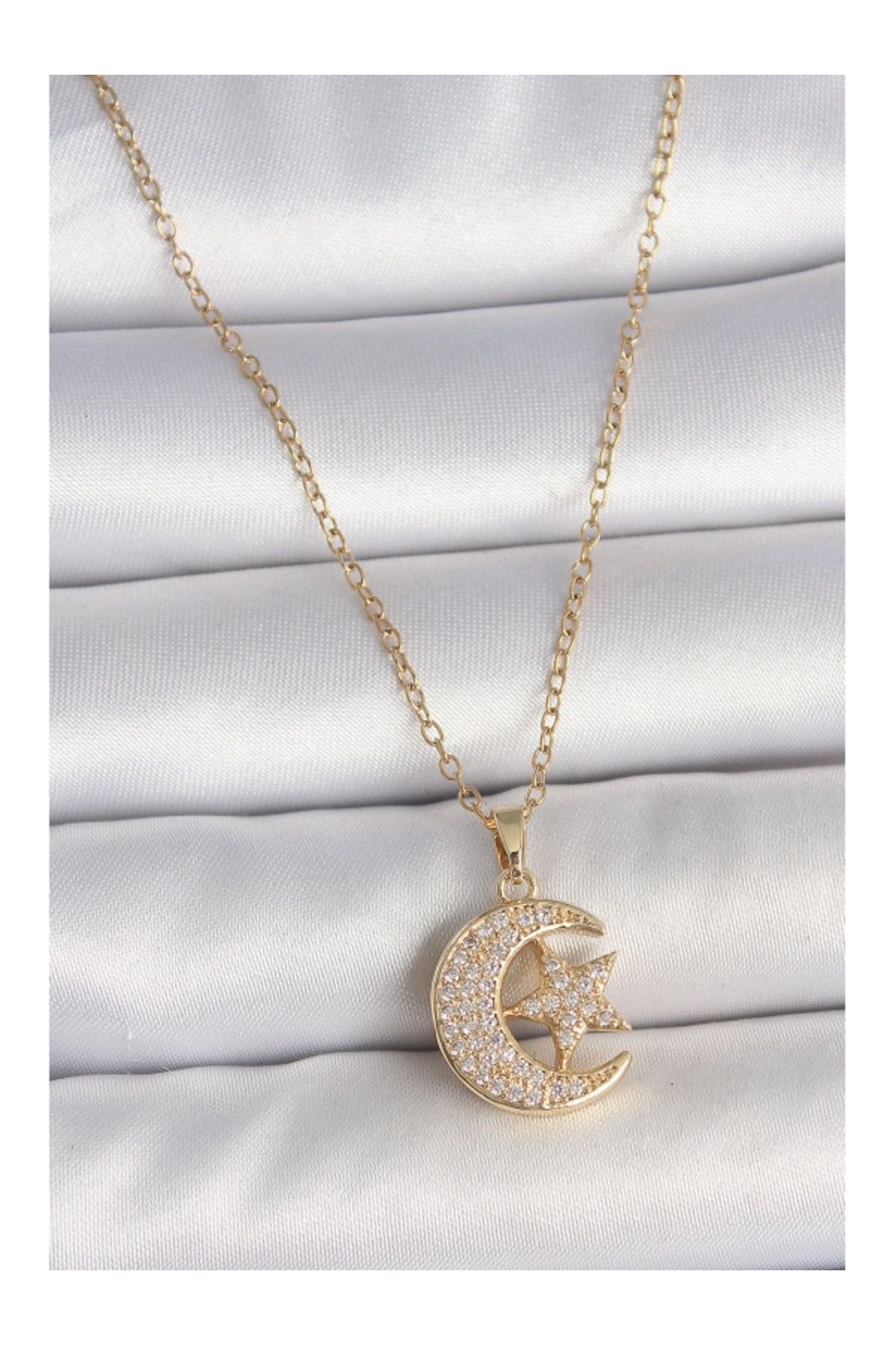Clariss 316L Çelik Gold Renk Zincir Zirkon Taşlı Ay Yıldız Model Kadın Kolye